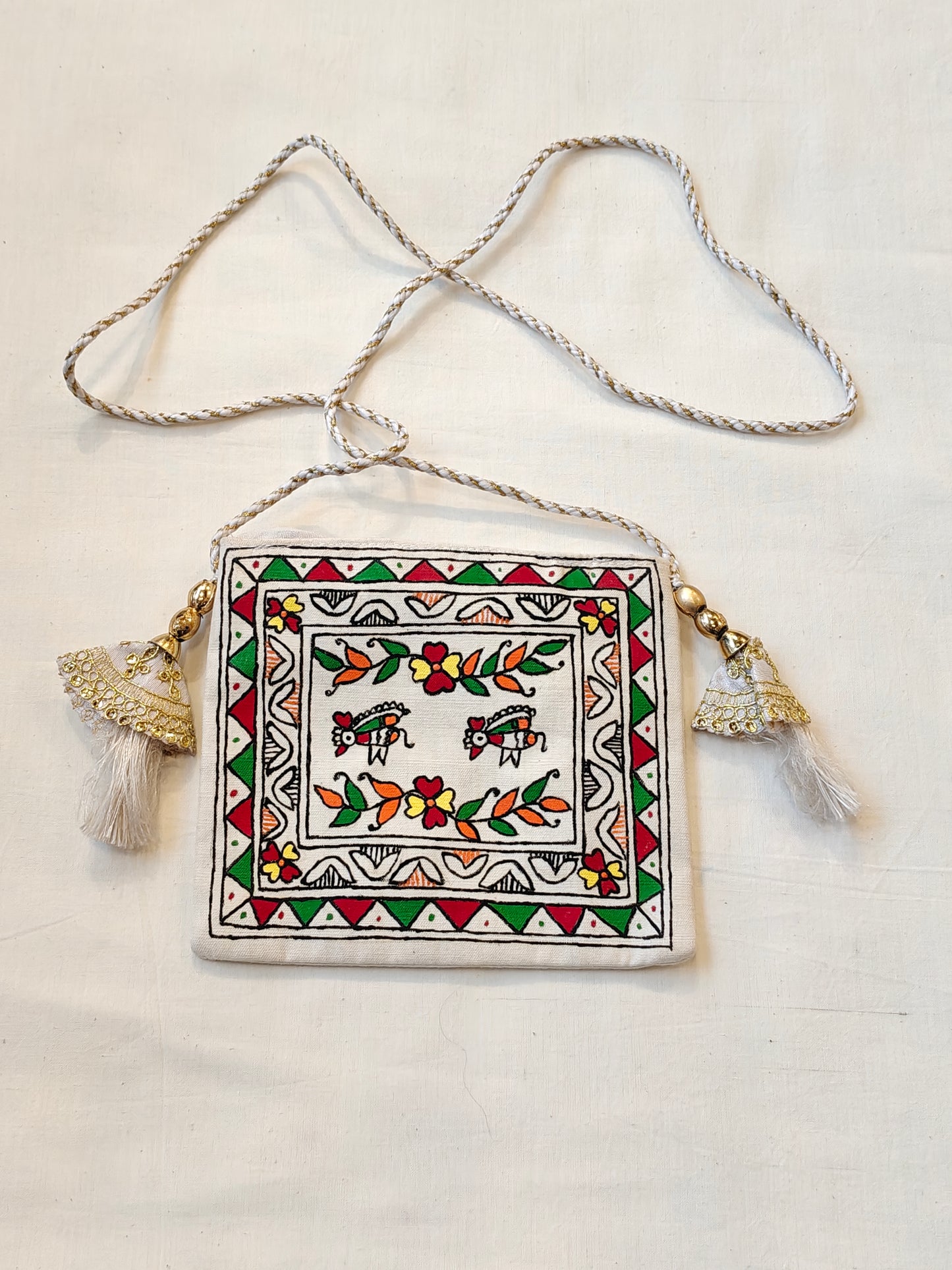 Handpainted on off white base fabric pouch with zipper closure, Tassles and sling - multiple designs available