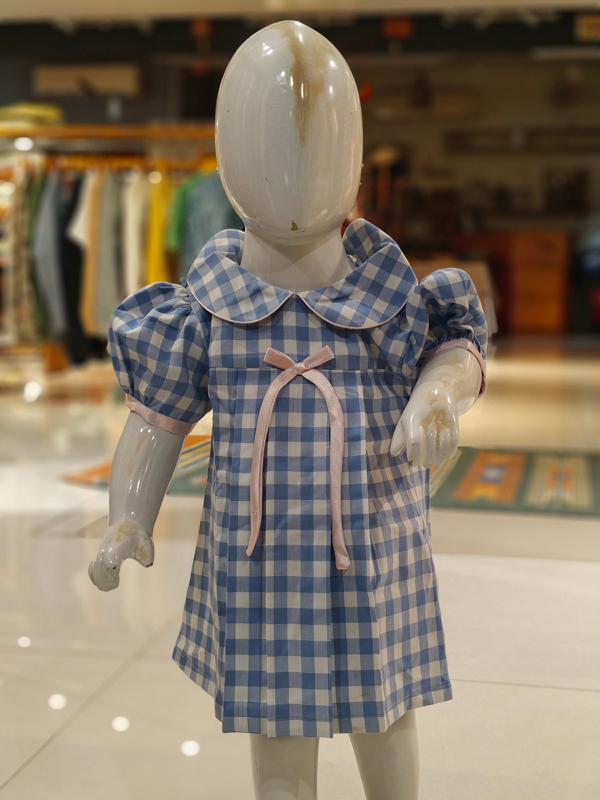 Blue n white checks with pink bow tie puffed sleeved frock with shorts - 2 piece set