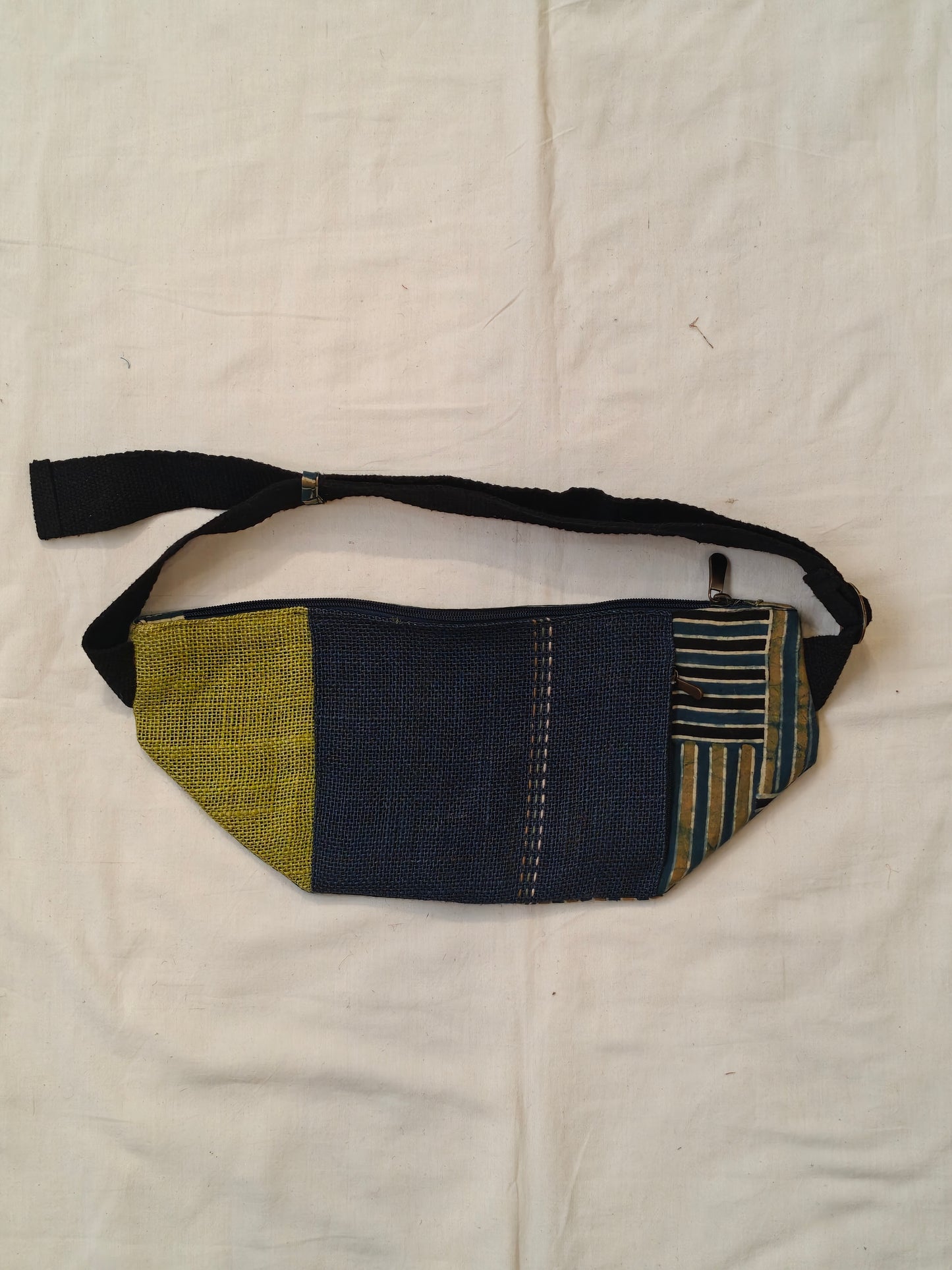 Waist fanny pack with multicolour fabric panels - Handmade jute bag