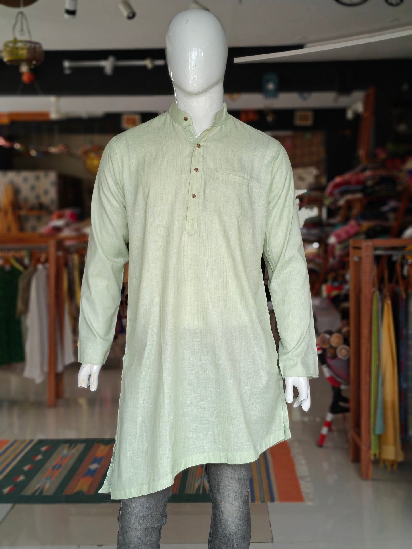 Light green slant cut cotton full sleeves long kurta for men