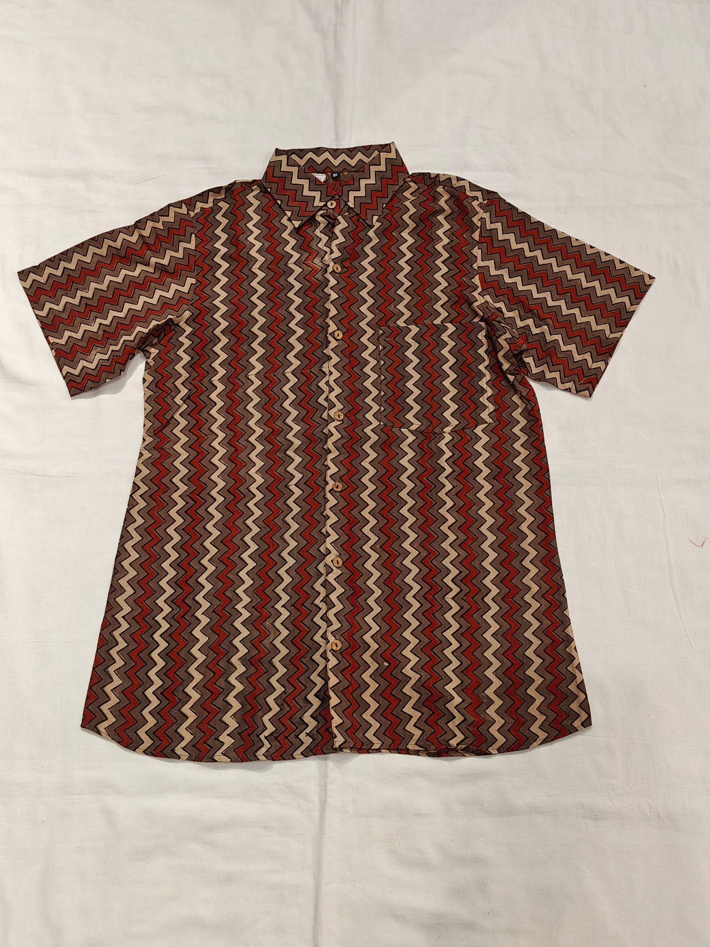 Brown, Maroon n cream zig zag design Ajrakh hand block printed cotton men's shirt