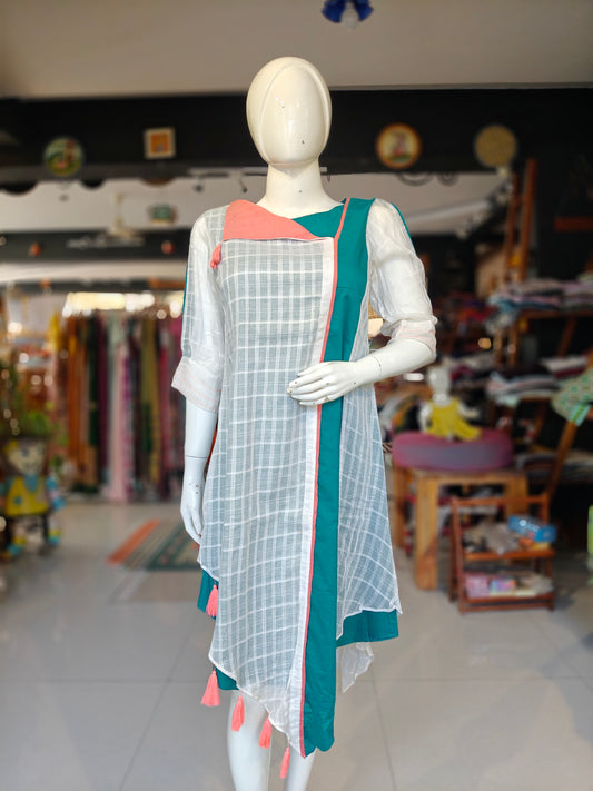 White teal and peach layered cotton dress with asymmetric hem