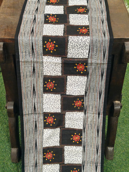 White, grey n black table runner - hand woven ikat with hand embroidered floral motifs