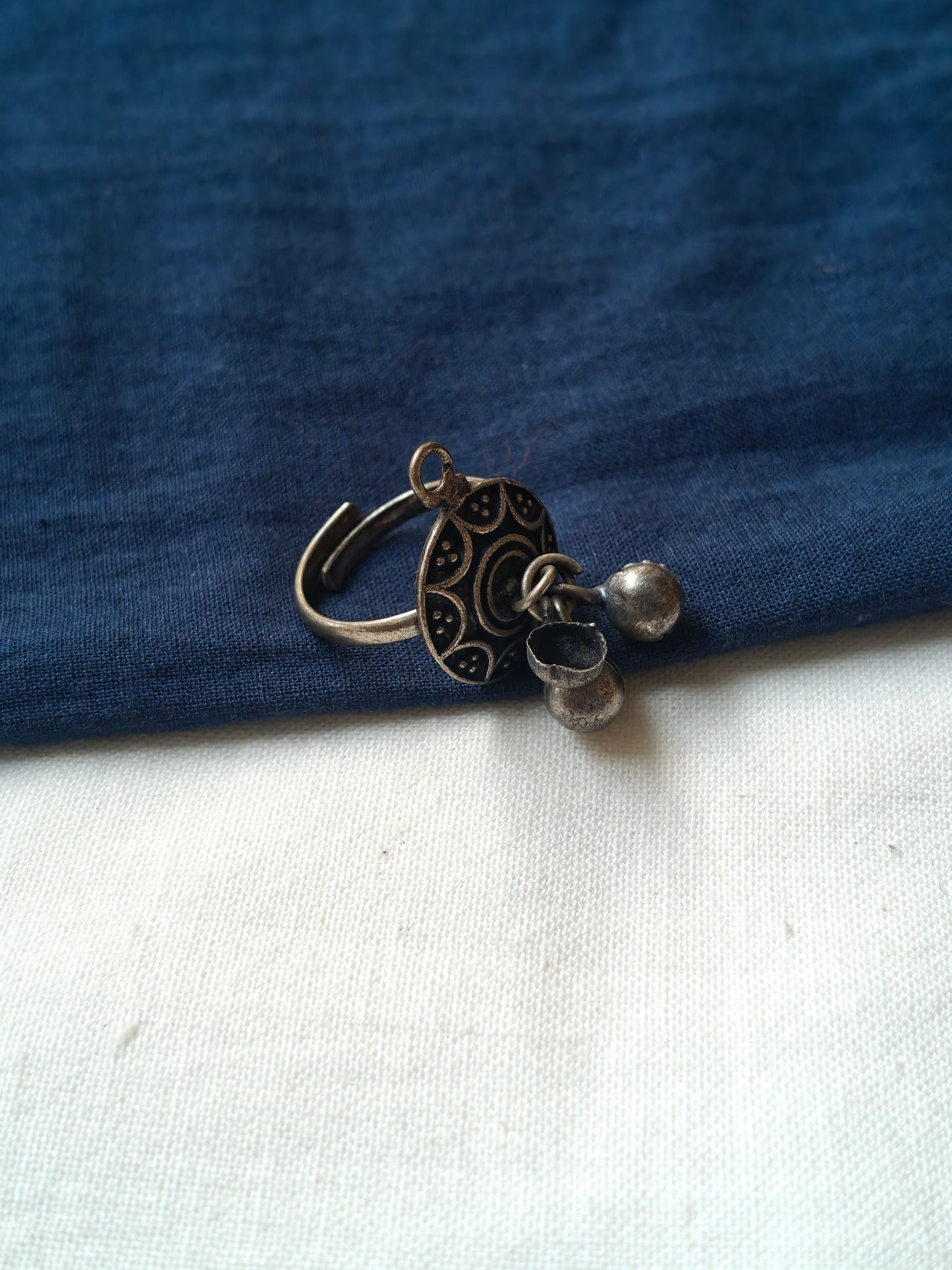 Traditional motifs oxidised look finger ring with ghungroos