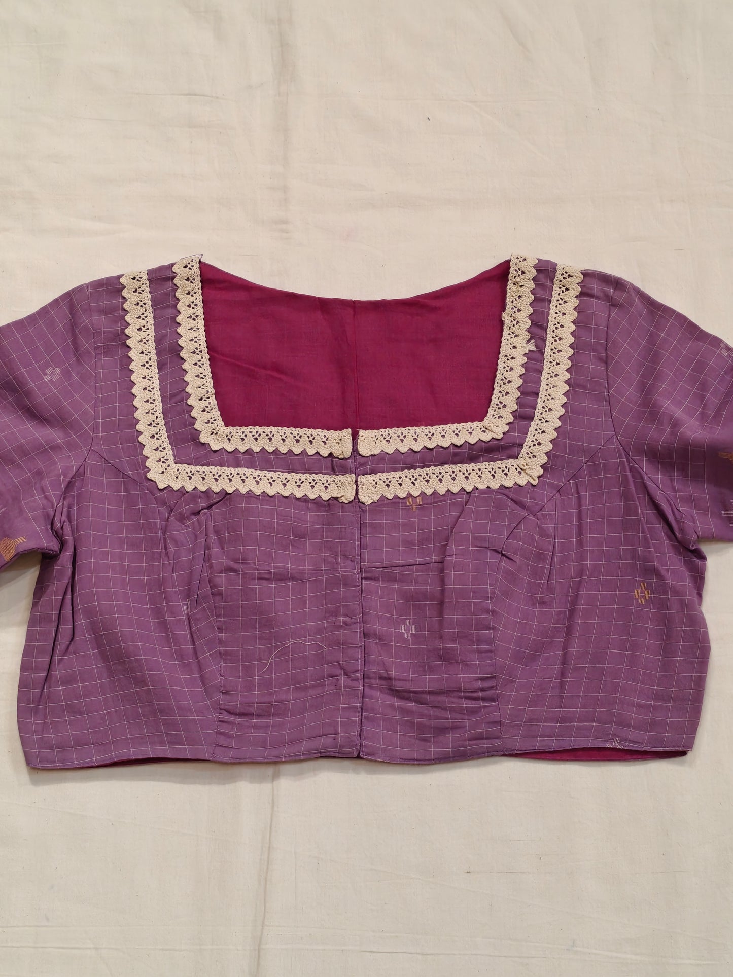 Purple Jamdani handloom cotton blouse with white lace trim