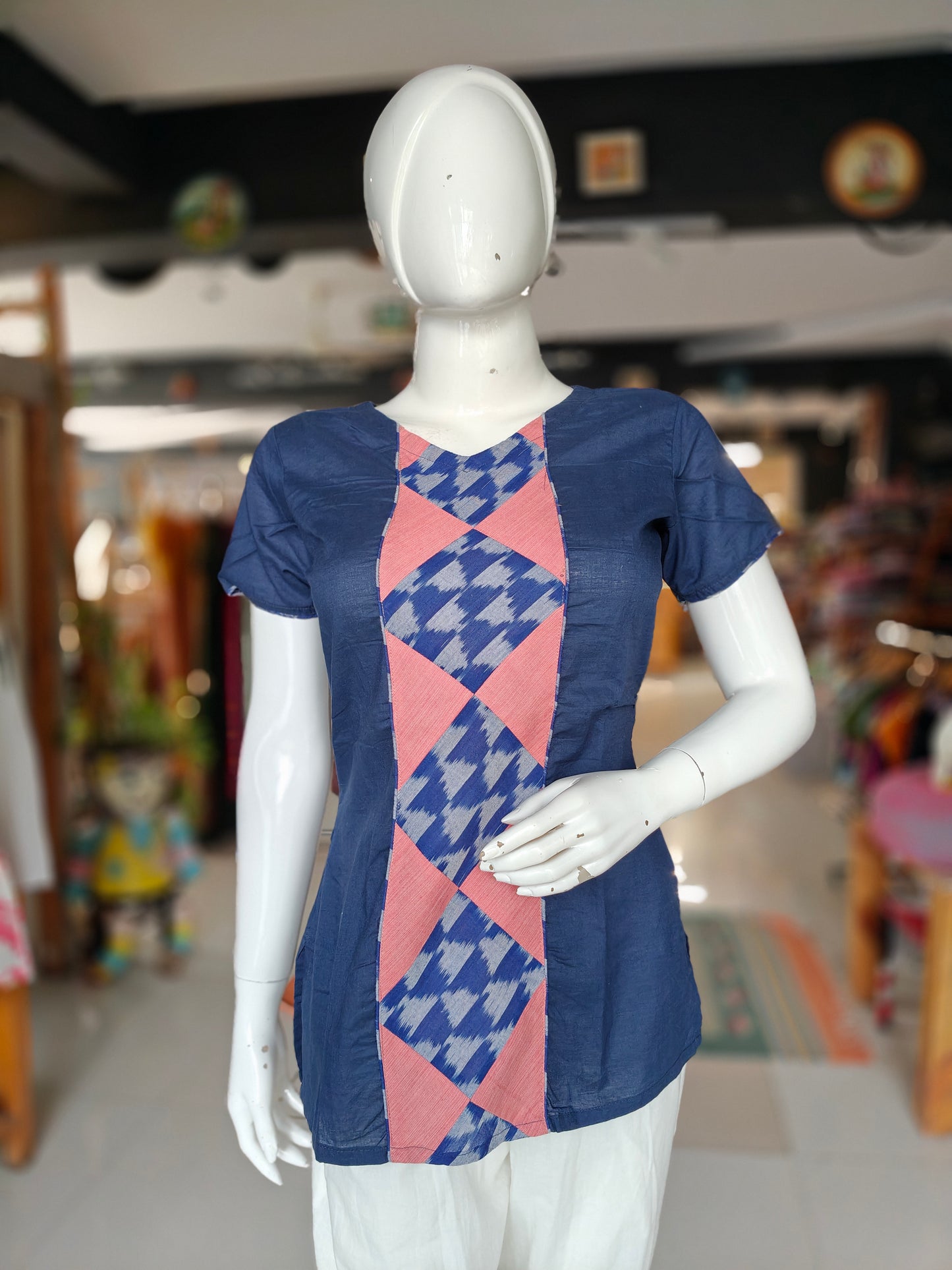 Blue with pink panel and ikat patches cotton top