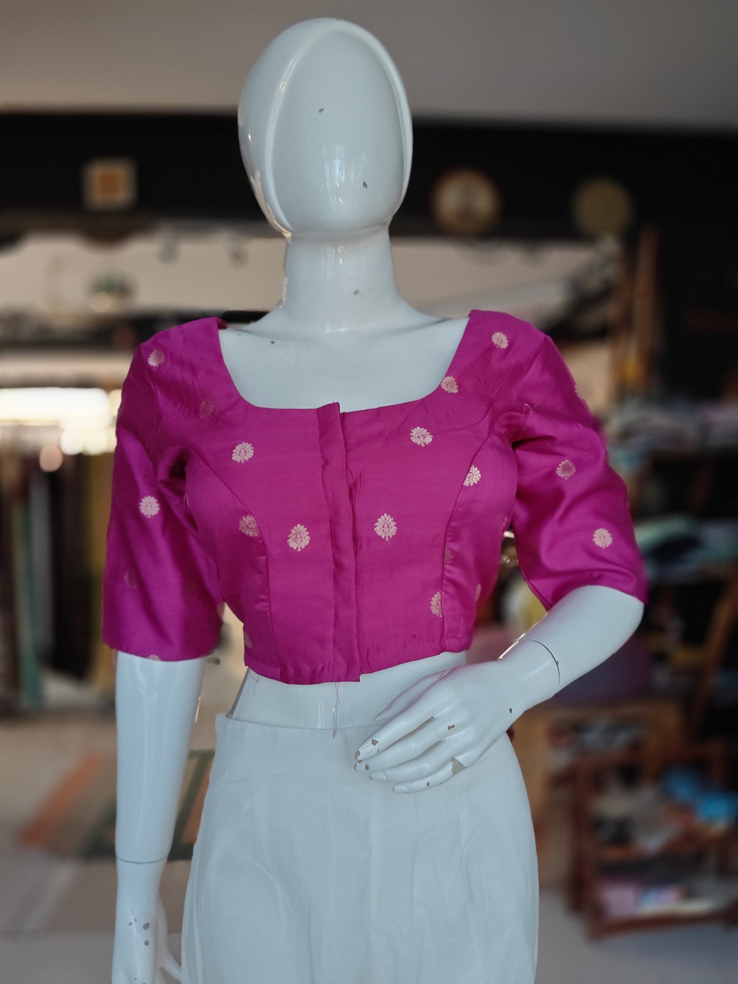 Hot pink with golden butis handwoven silk blouse