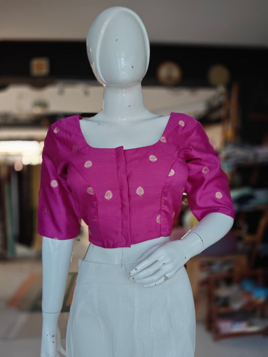 Hot pink with golden butis handwoven silk blouse