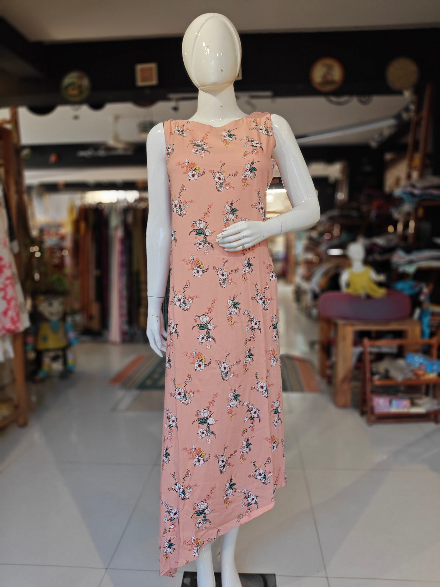 Peach asymmetric hem rayon dress with floral prints