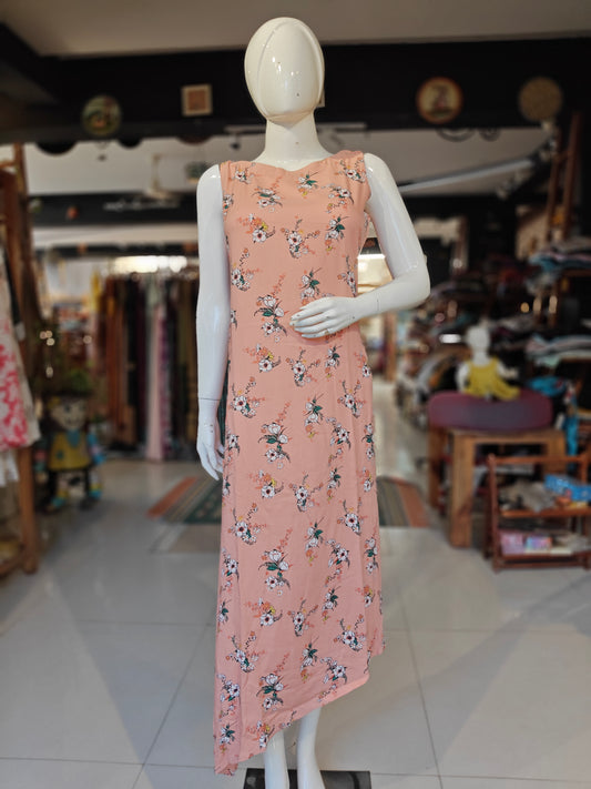 Peach asymmetric hem rayon dress with floral prints