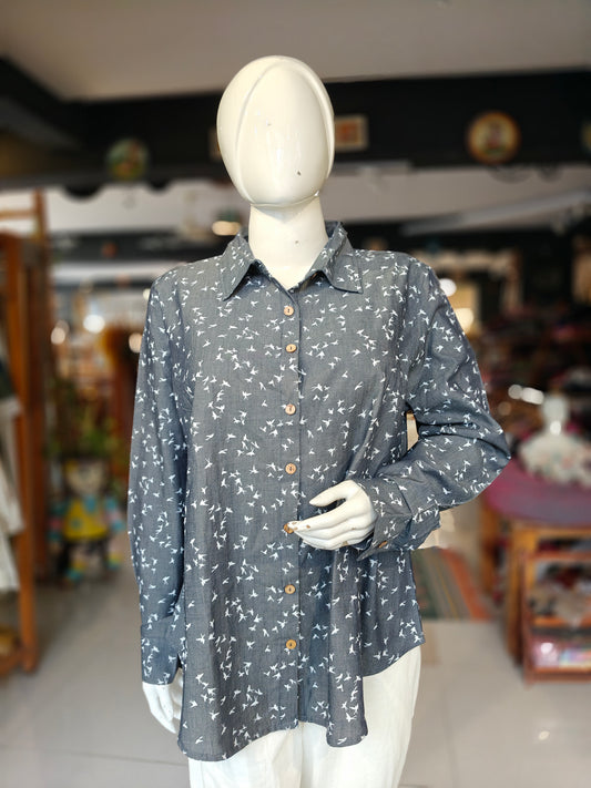 Grey with white birds printed shirt for women