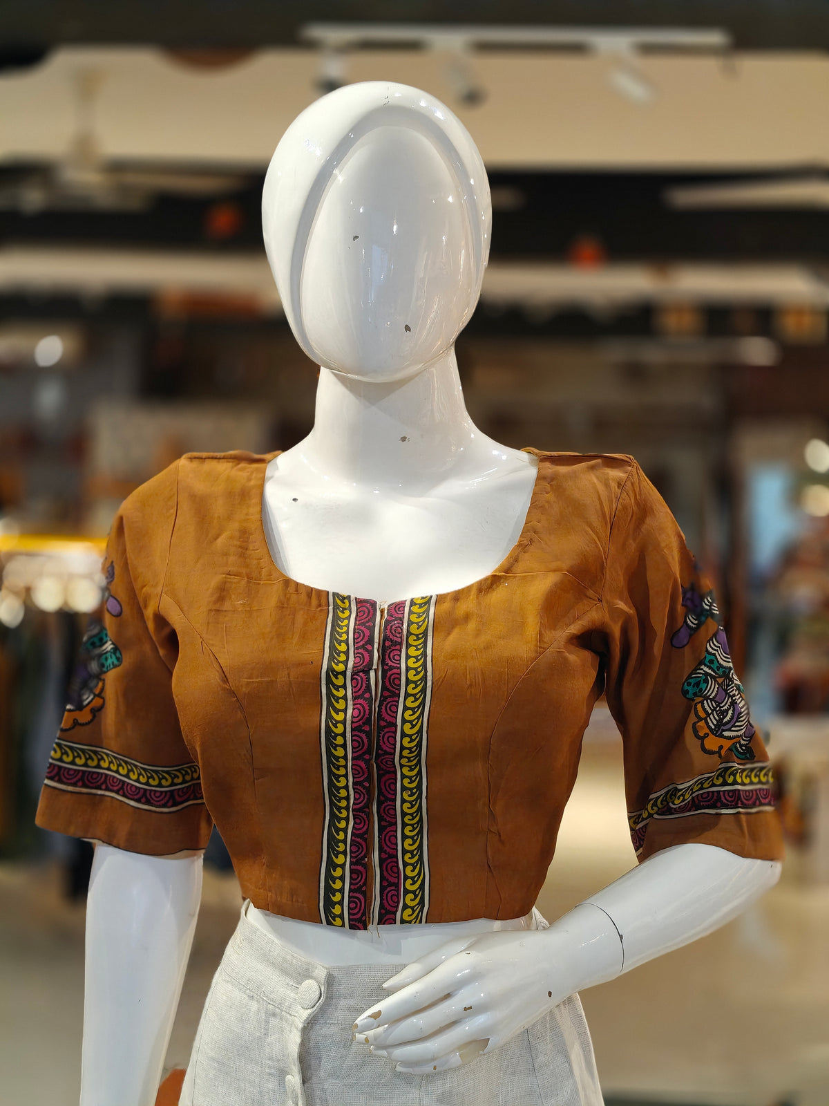 Saddle brown sleeves n back hand-painted Pen Kalamkari silk blouse