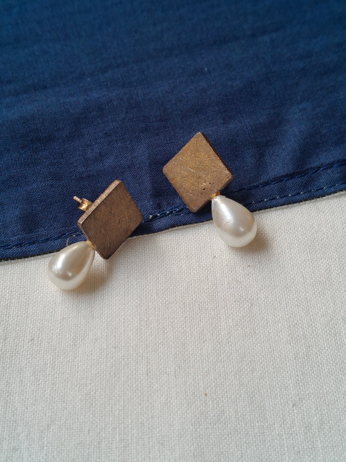 Square shaped matt finish gold earrings with pearl drop in 92.5 Sterling silver