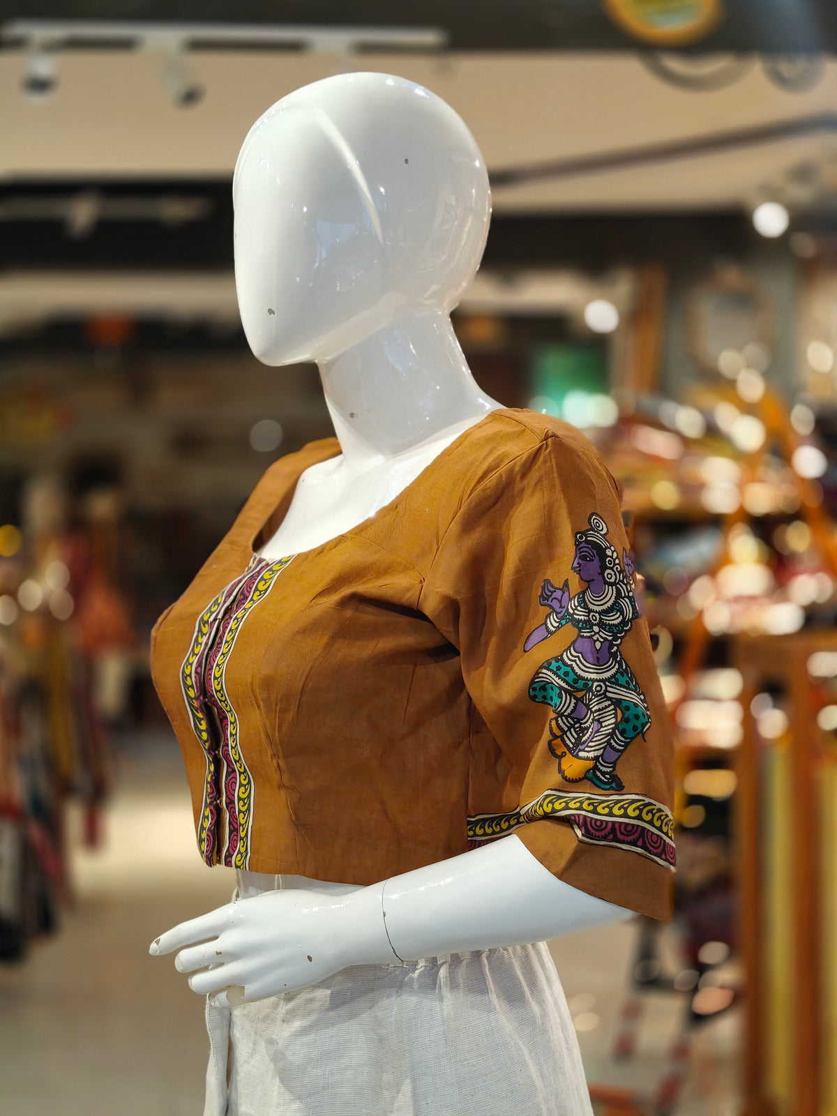 Saddle brown sleeves n back hand-painted Pen Kalamkari silk blouse