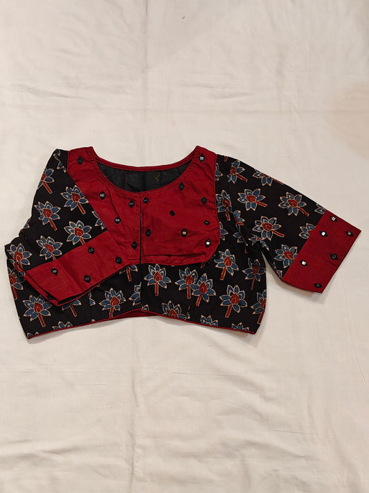 Black and maroon Ajrakh handblock printed elbow sleeved blouse with mirror embroidery