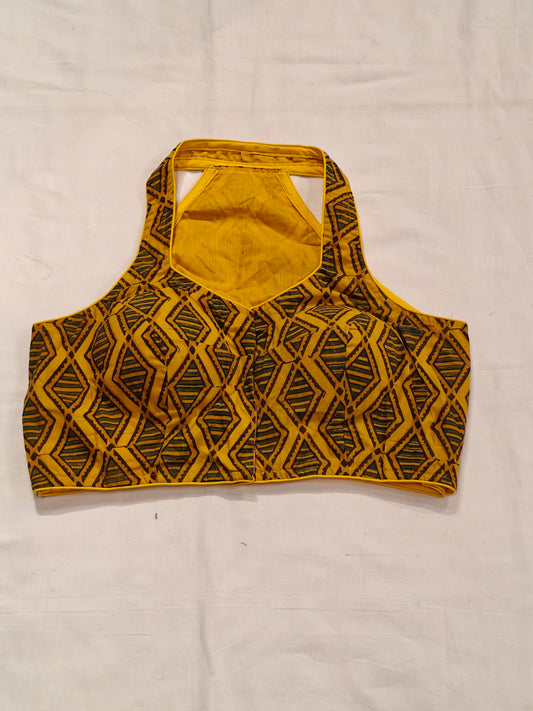 Yellow diamonds striped handblock printed halter neck blouse