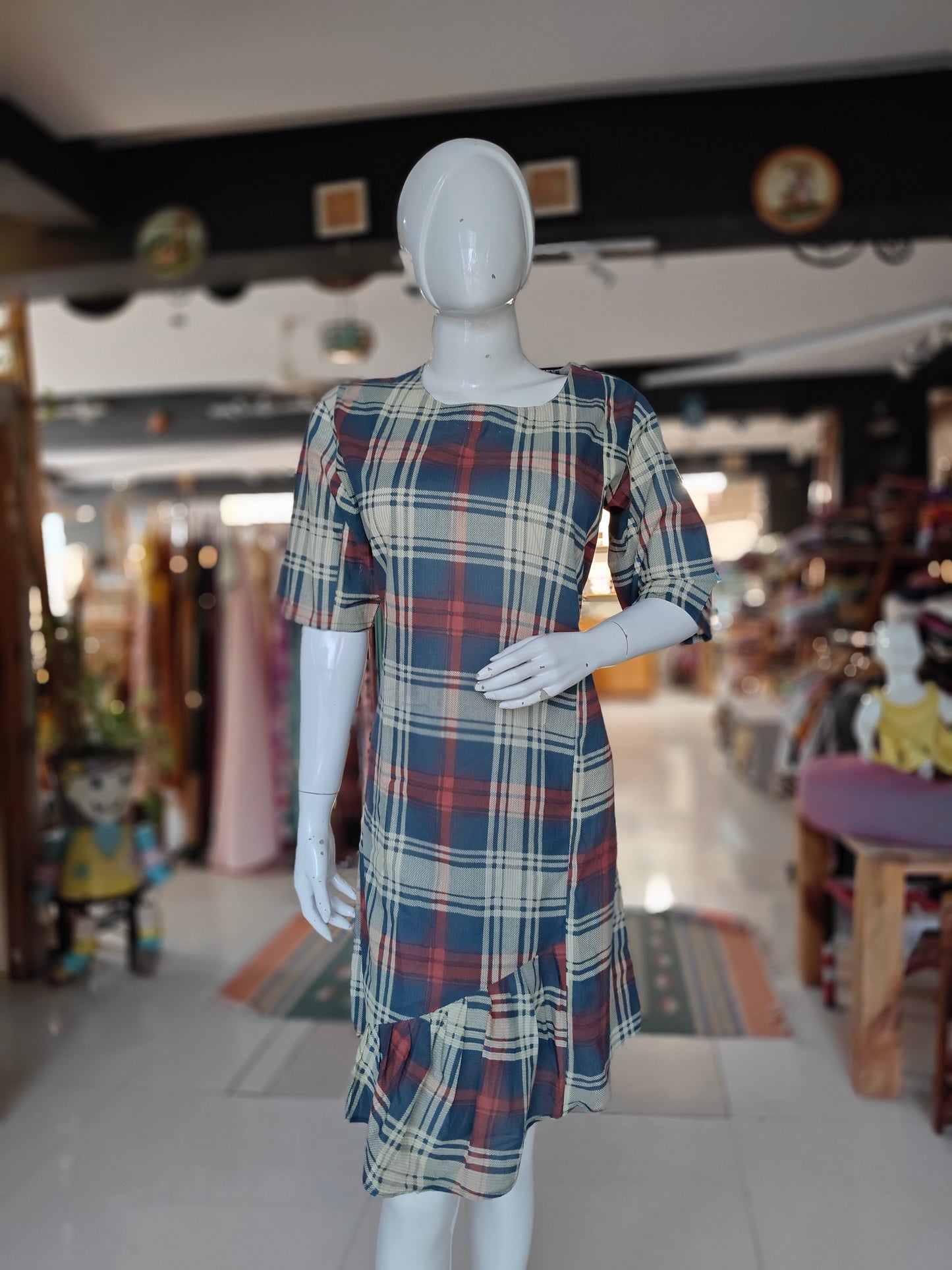Yellow, red and blue checkered cotton dress with tiered hem
