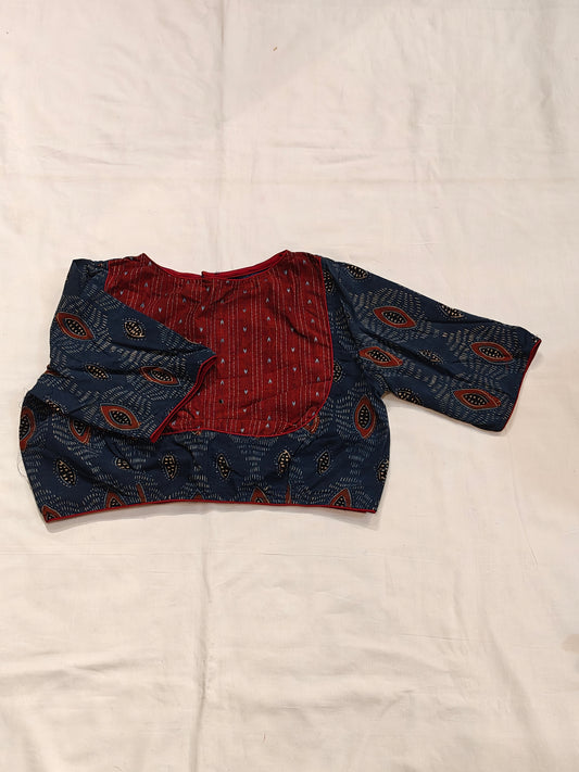 Indigo n maroon Ajrakh handblock printed elbow sleeved blouse