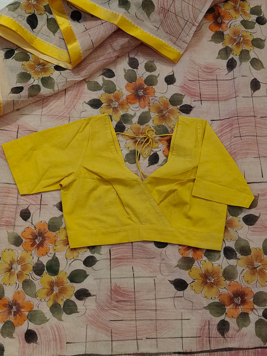 Hand spun , hand woven cotton V-neck blouse with back dori - colour options available