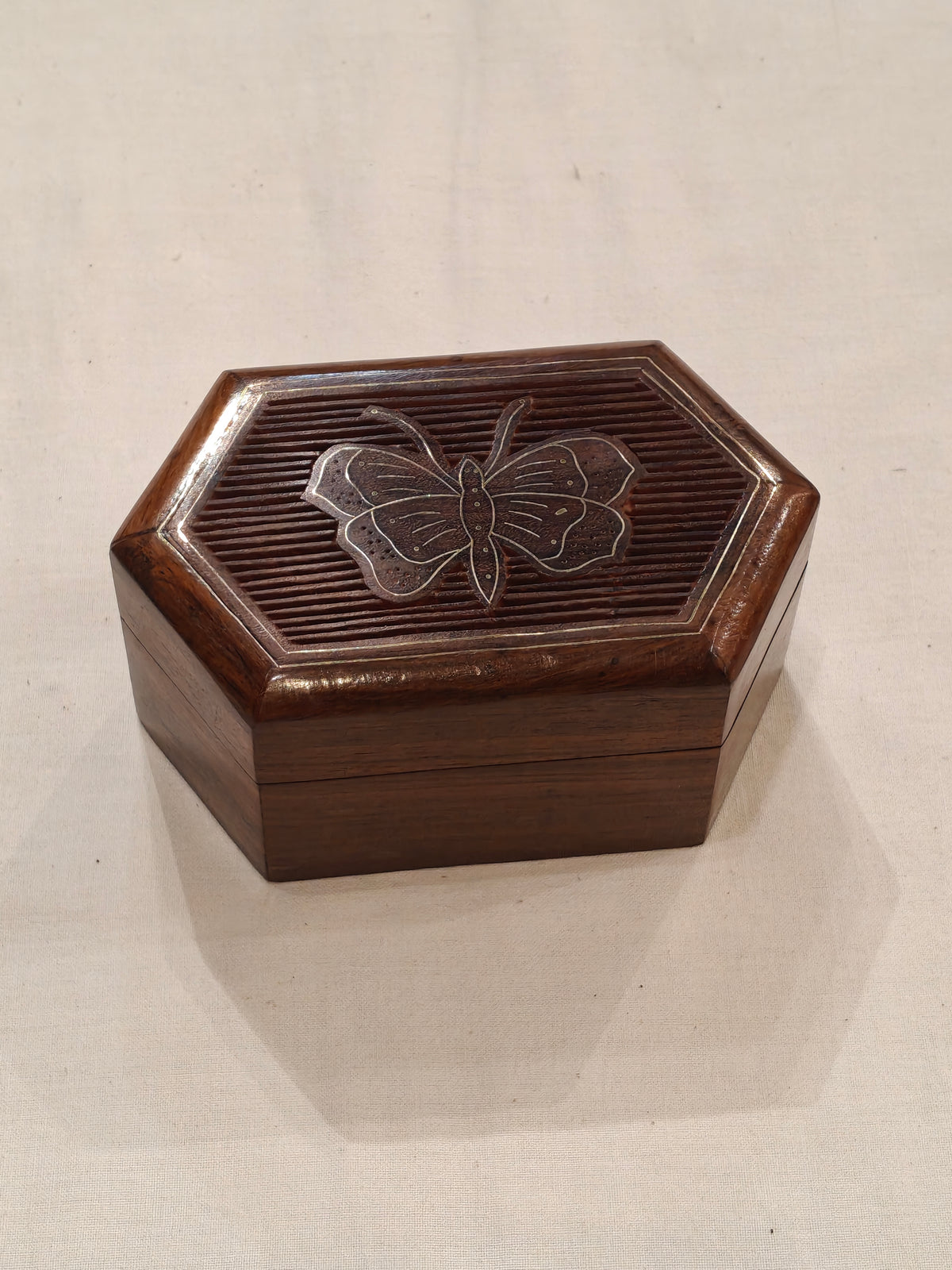 Butterfly brass inlay work hexagonal wooden jewellery box