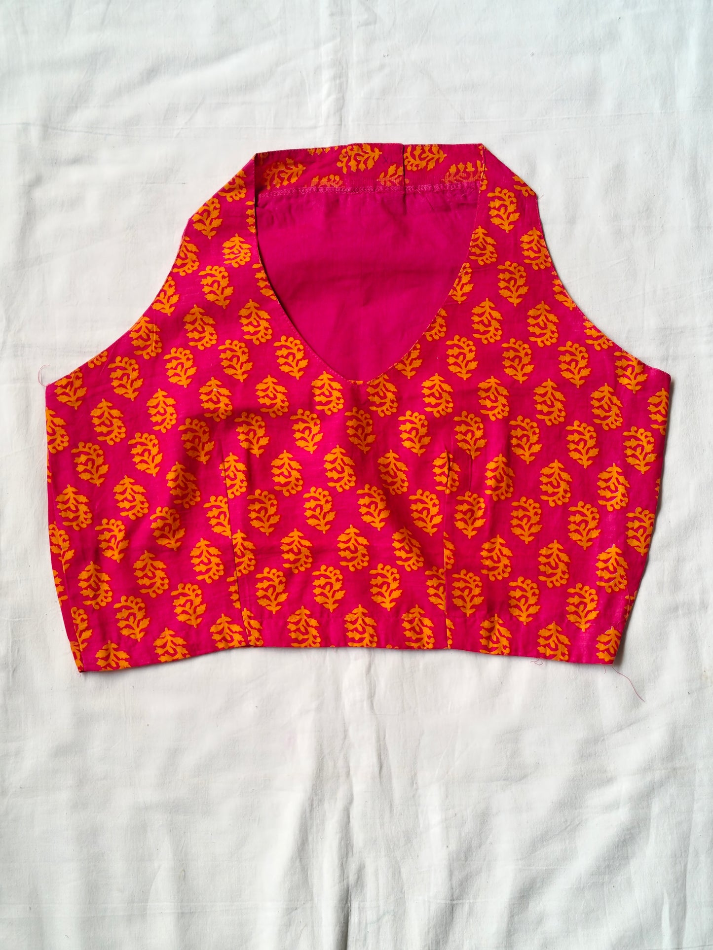 Halter neck handblock printed leaf pattern blouse with netted back - multiple colors available