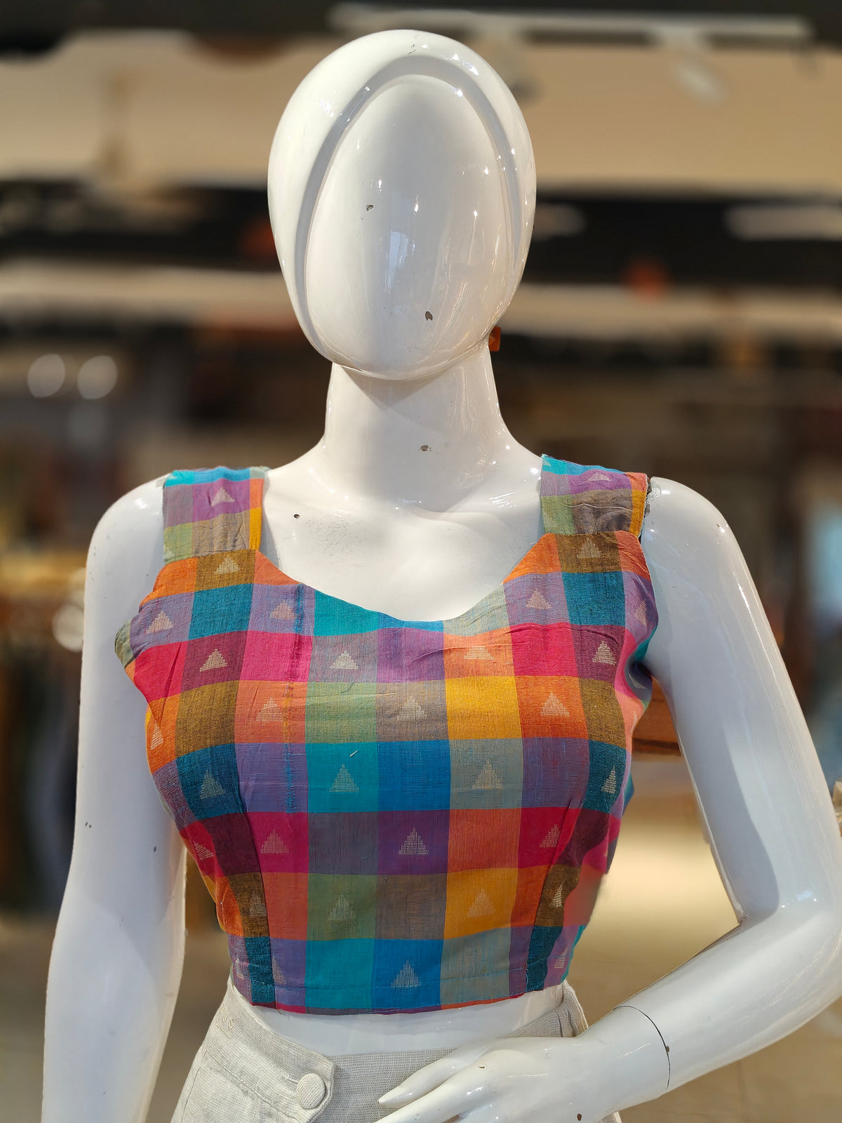 Colorful checkered cotton sleeveless blouse