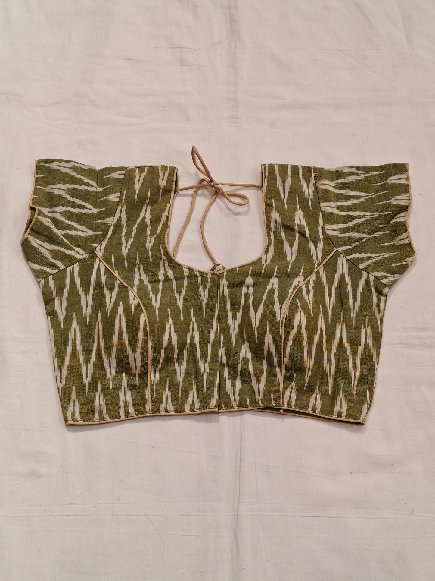 Mehndi green and cream ikat short sleeves padded blouse