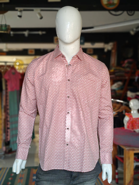 White n Red printed cotton shirt for men