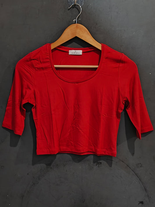 Plain stretchable elbow sleeves round neck blouse