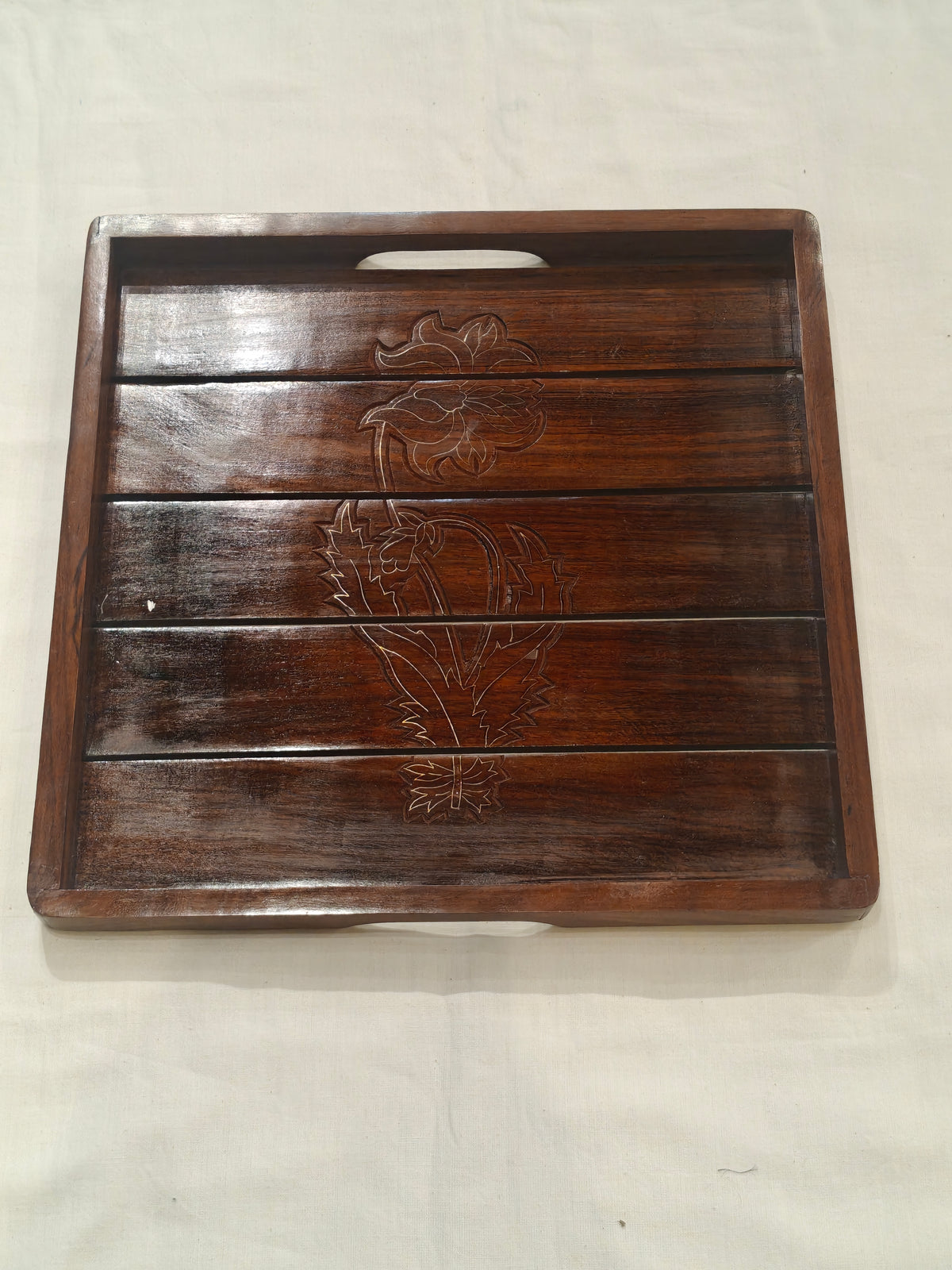 Brass inlay work wooden handcrafted tray - 12 x 12 inches