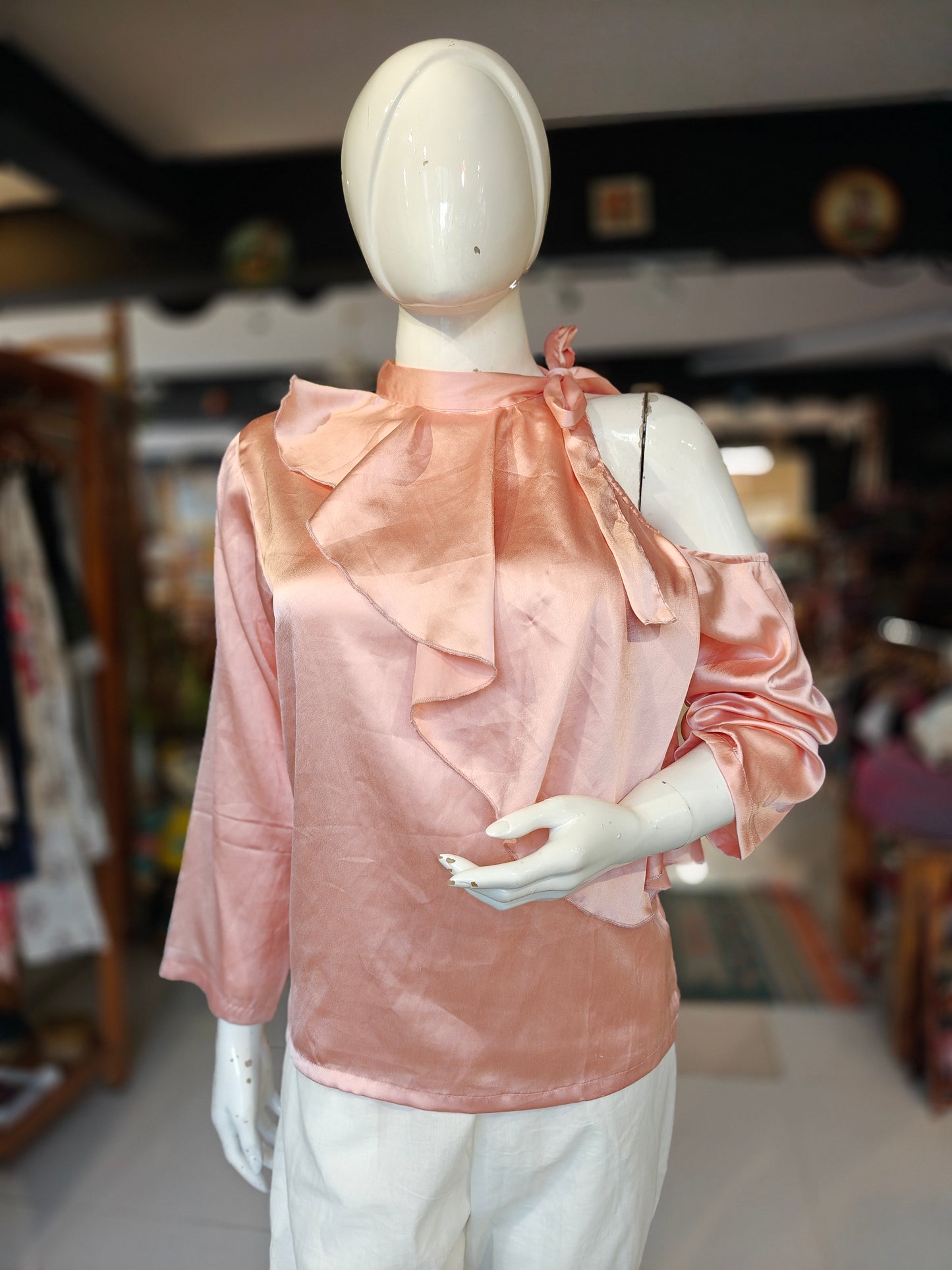 Peach one side cold shoulder asymmetric satin top