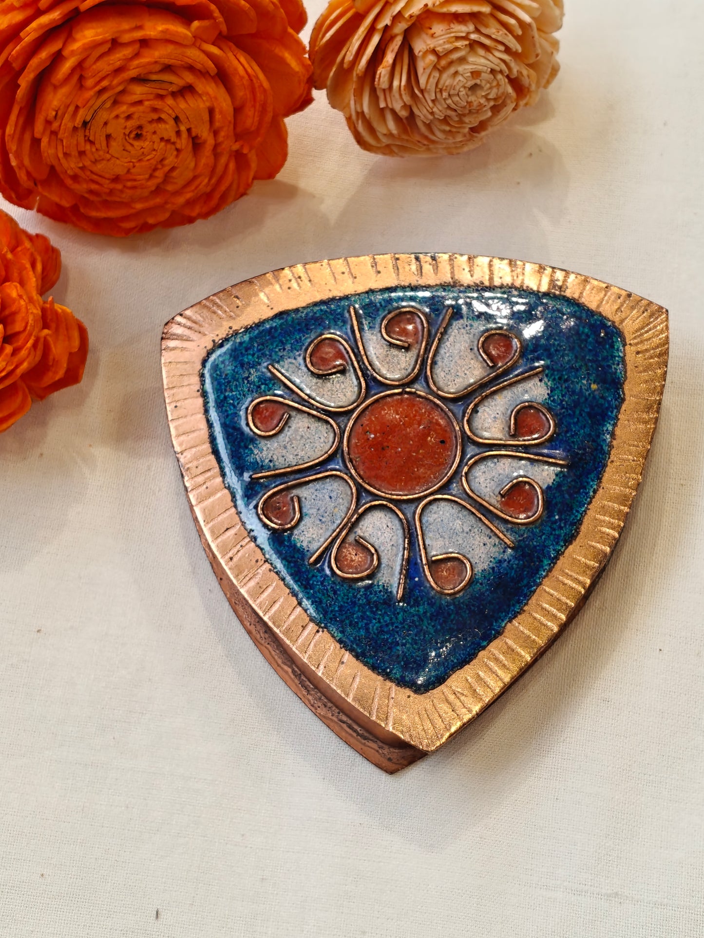Triangular trinket box in copper with enamel art on lid - handcrafted