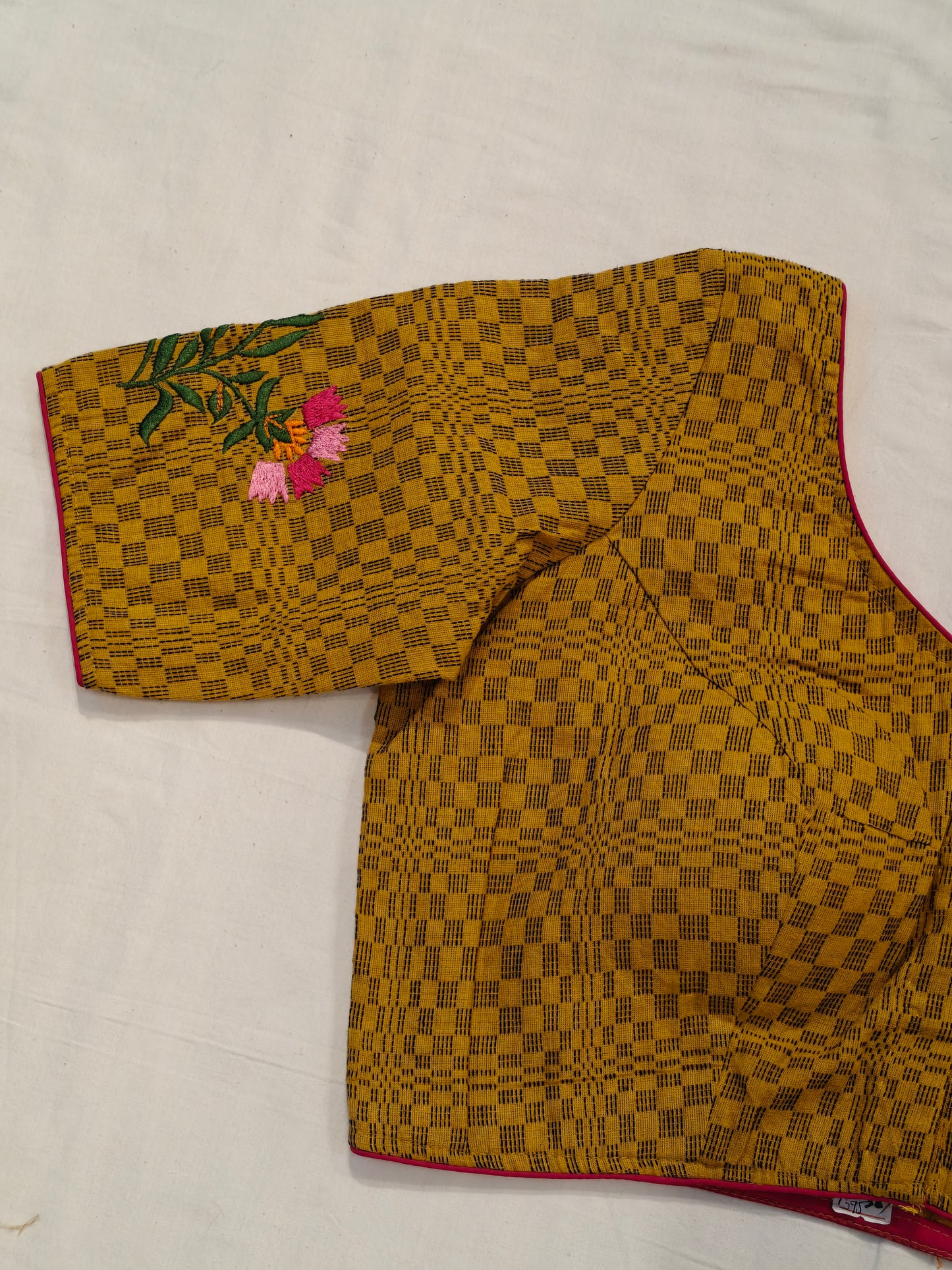 Cotton checkered blouse with floral embroidery, low back - color options available
