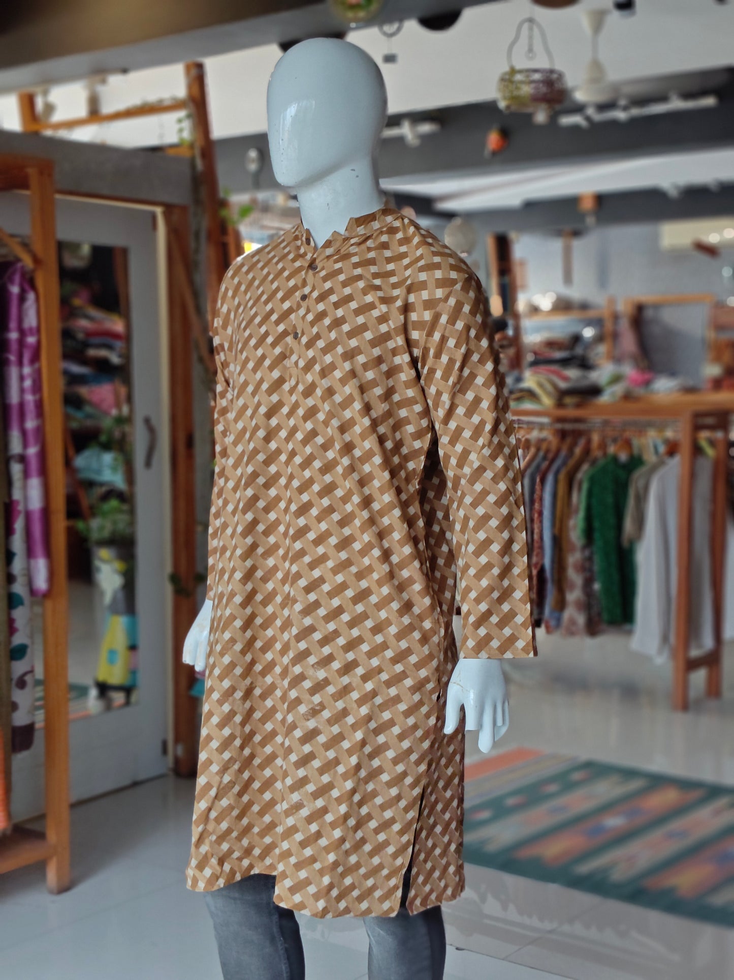 Beige criss cross lattice cotton full sleeves long kurta for men