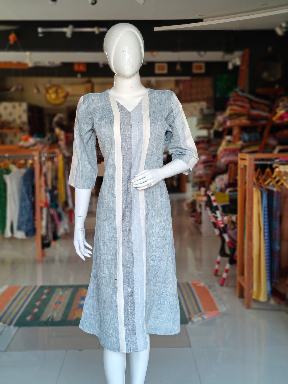 Grey, light blue and off-white striped V-neck cotton dress - hand spun, hand woven, natural dyed dress