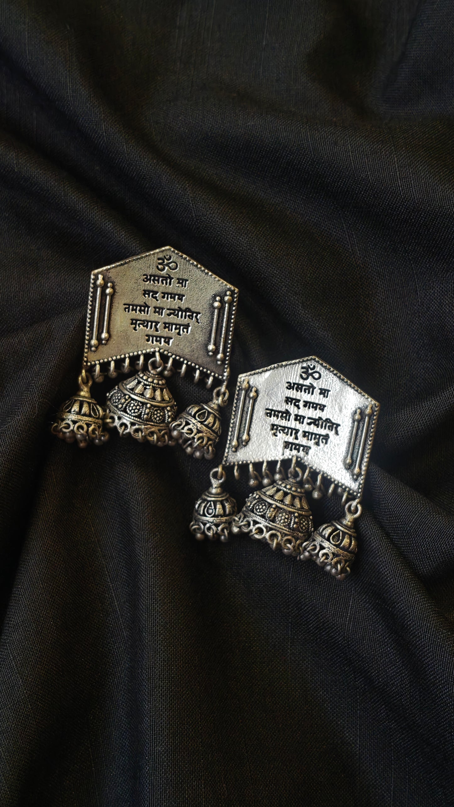 Oxidised look jhumka stud earrings with “Asato ma sadgamaya” Pavamana mantra