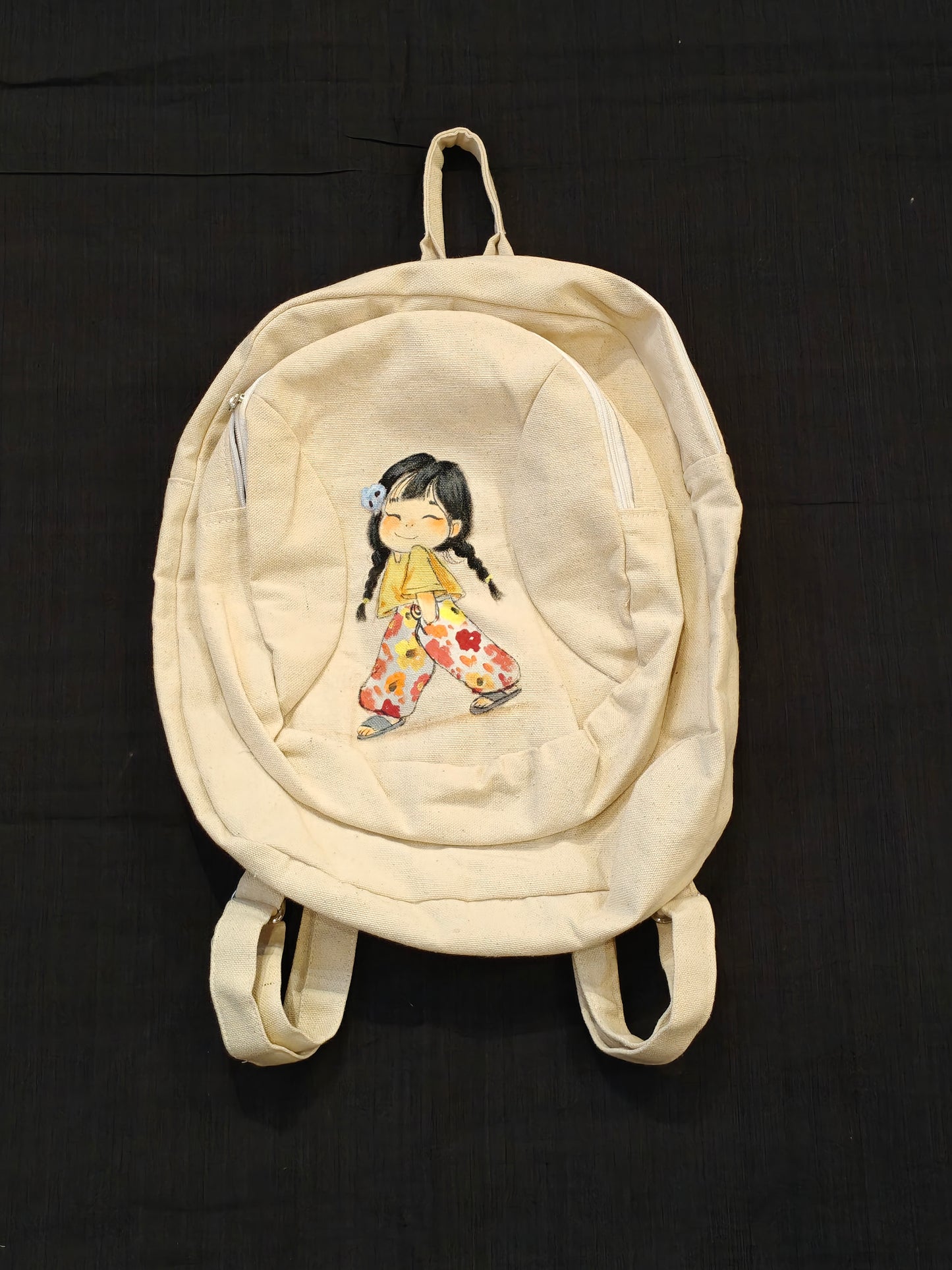 Little girl hand painted Off white canvas backpack with multiple compartments
