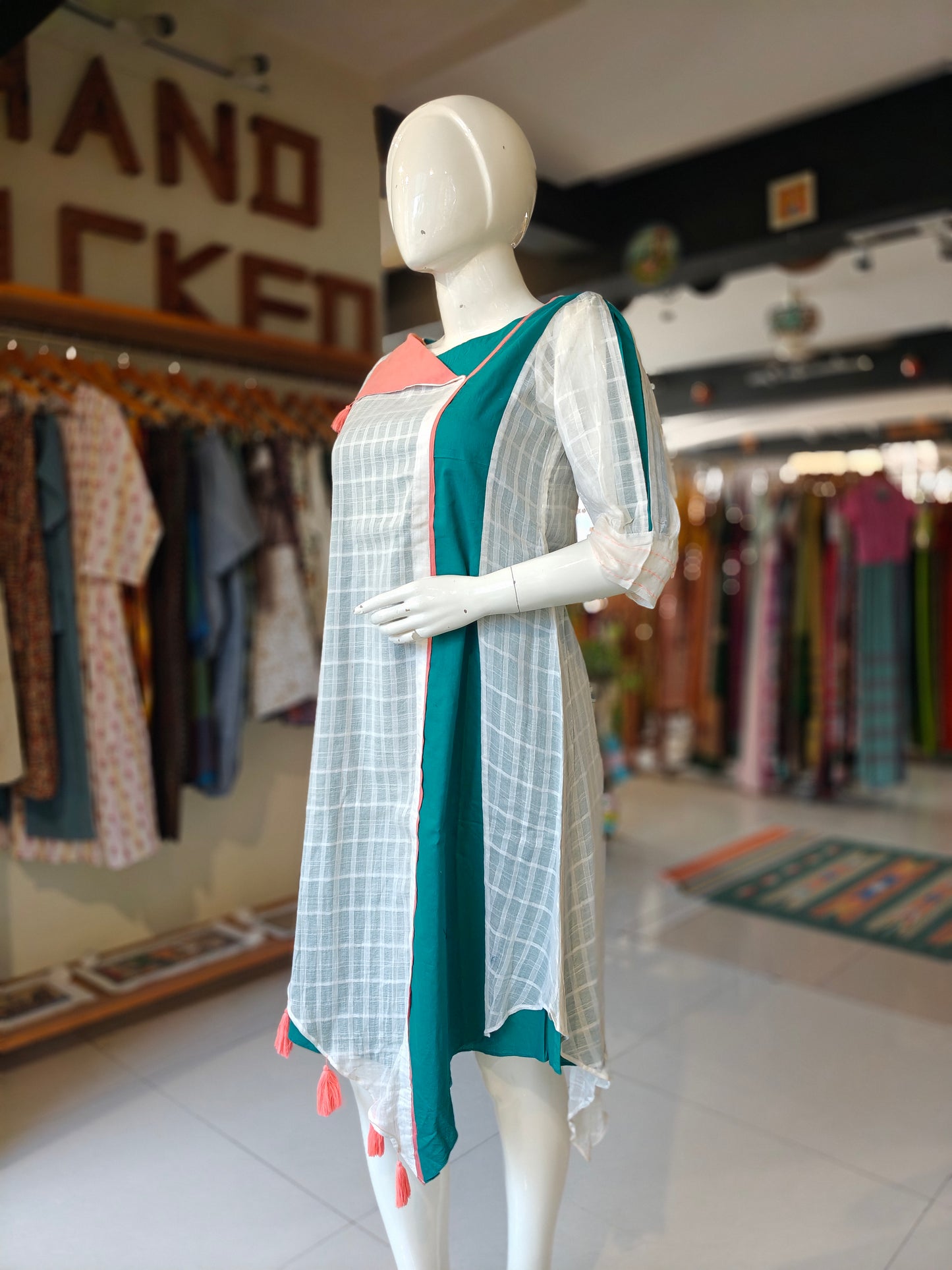 White teal and peach layered cotton dress with asymmetric hem