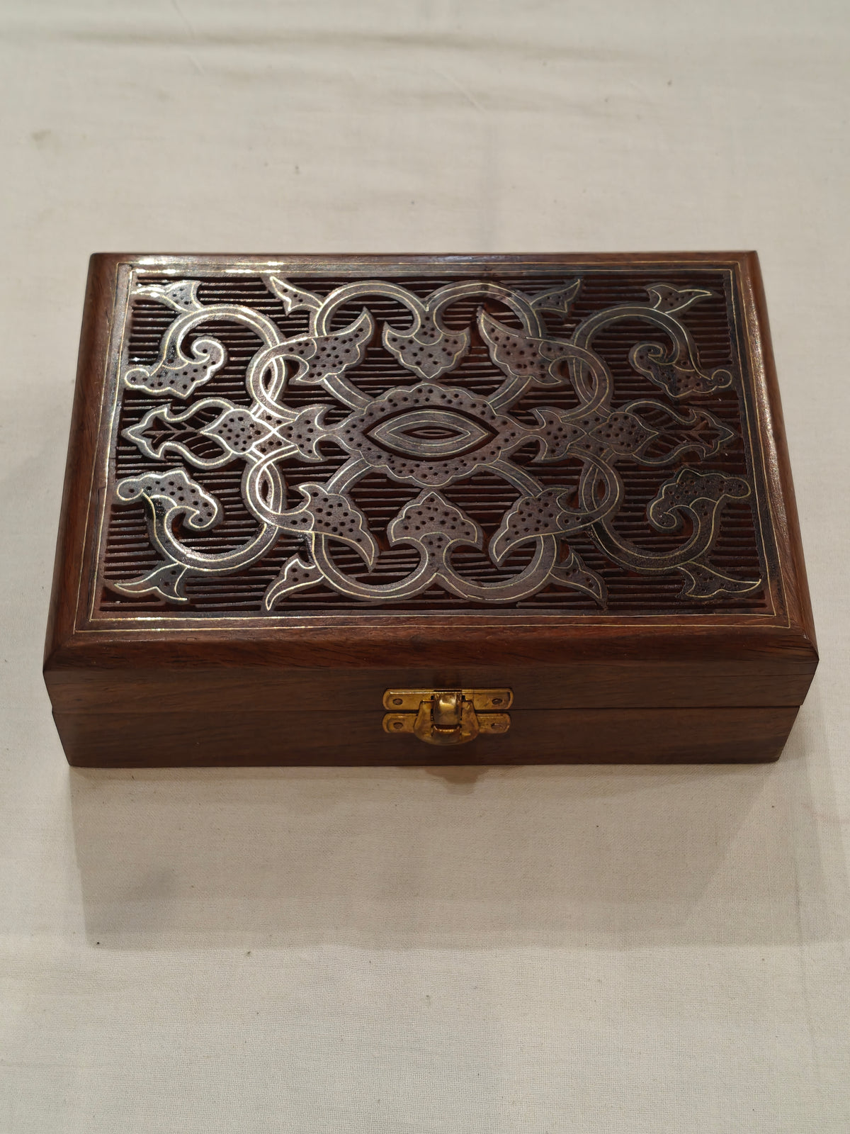 Brass inlay work wooden jewellery box - 7 × 5 × 2 Inches