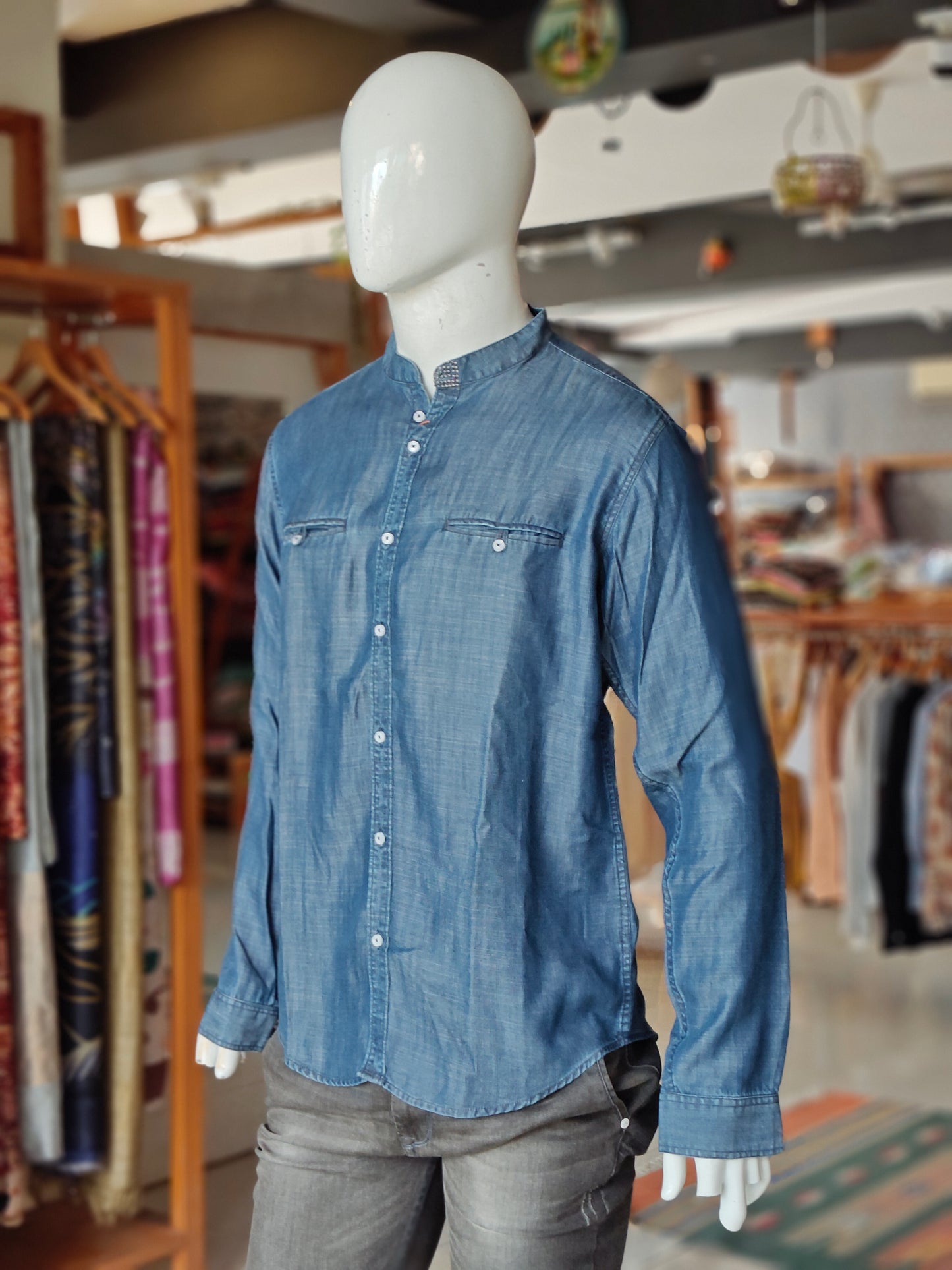Blue denim cotton men's designer shirt with hand embroidery