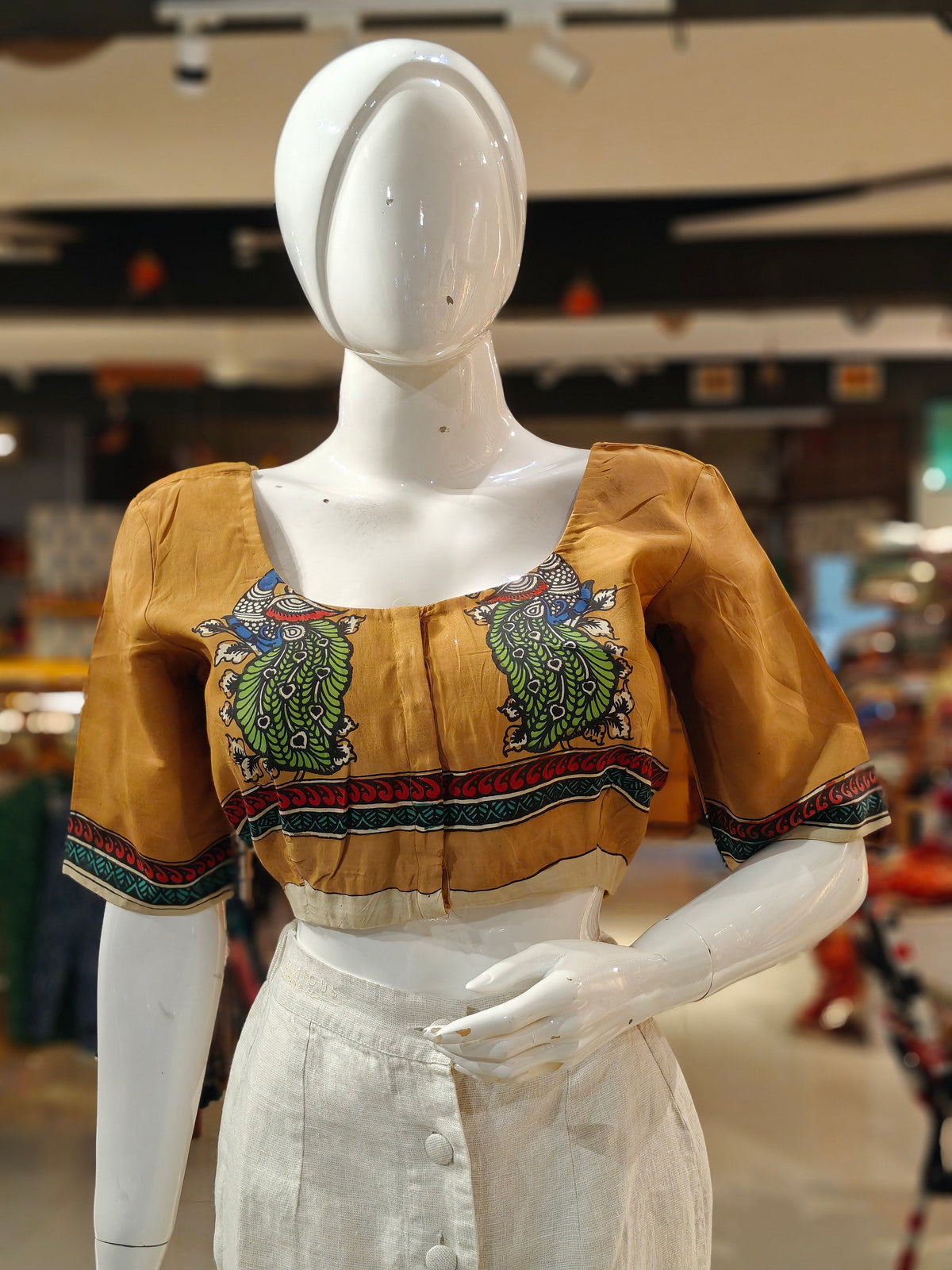 Golden Caramel peacocks on front n back hand-painted pen kalamkari silk blouse