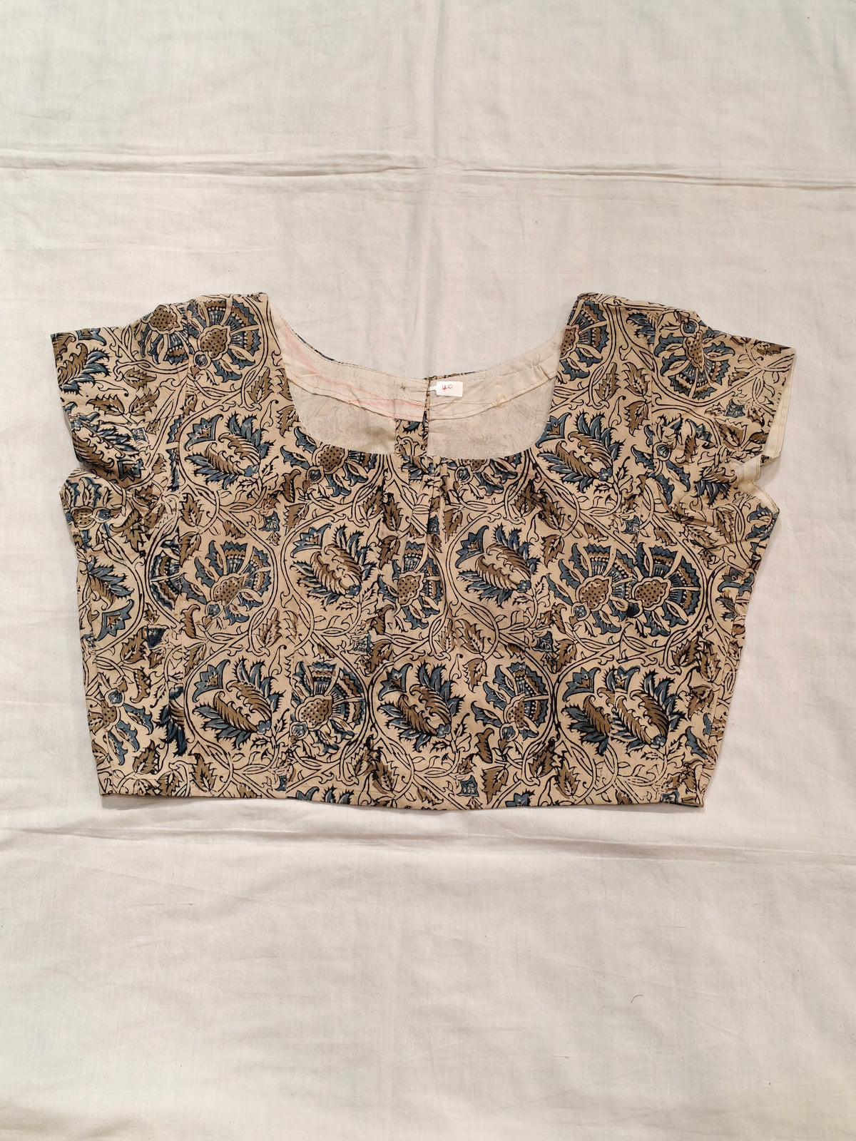 Beige olive and blue kalamkari floral printed cotton blouse  - back open