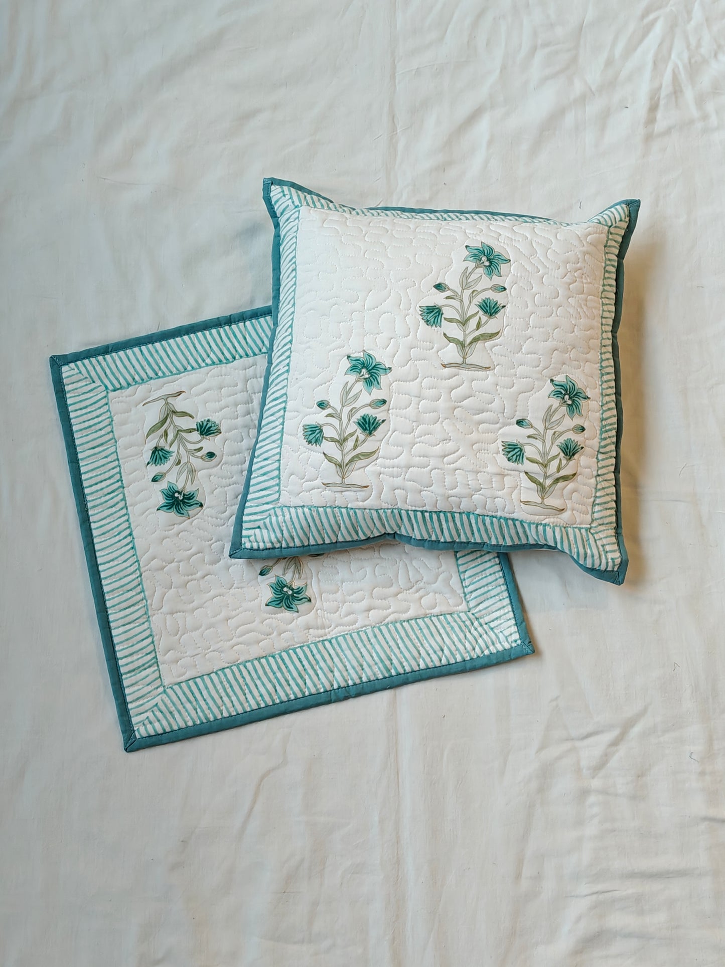Hand block printed quilted 16 x 16 inch cotton cushion cover - single - multiple designs available