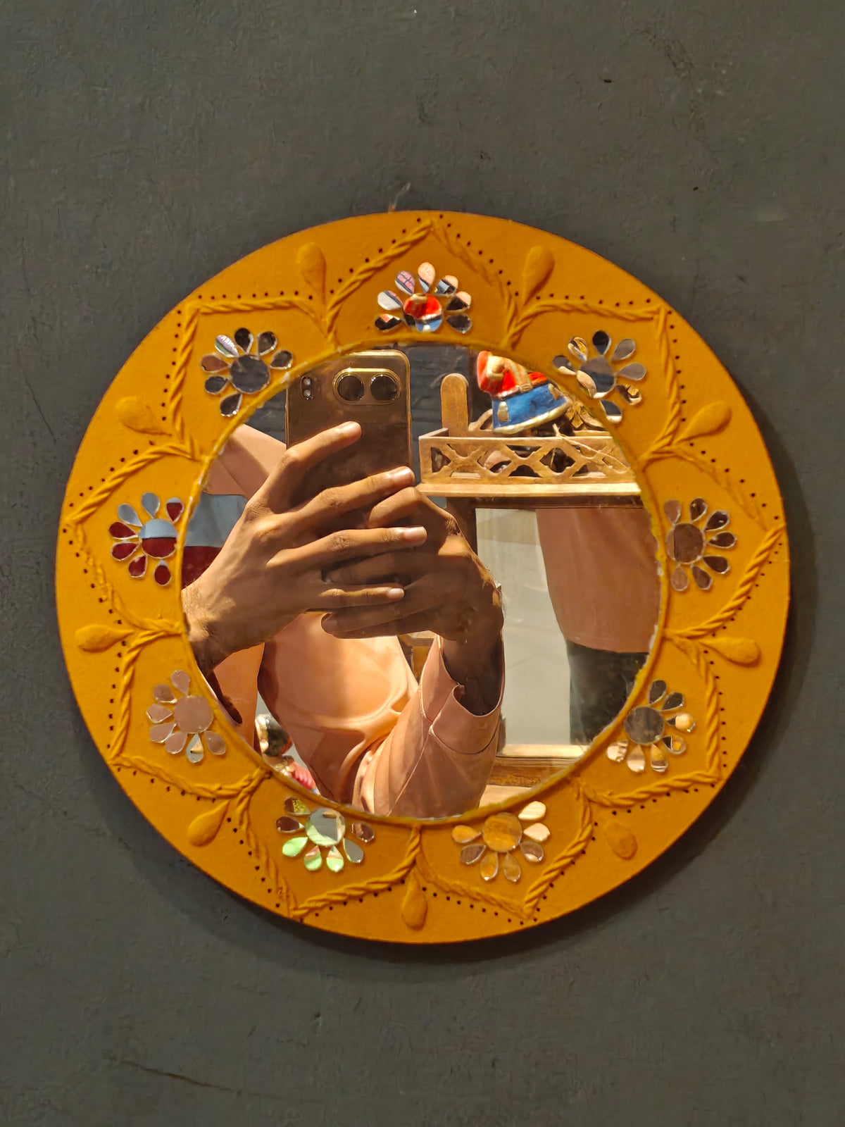 Yellow round lippan mud art mirror work handmade wall plate