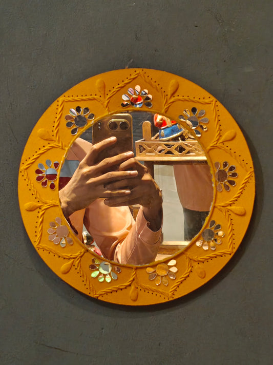 Yellow round lippan mud art mirror work handmade wall plate