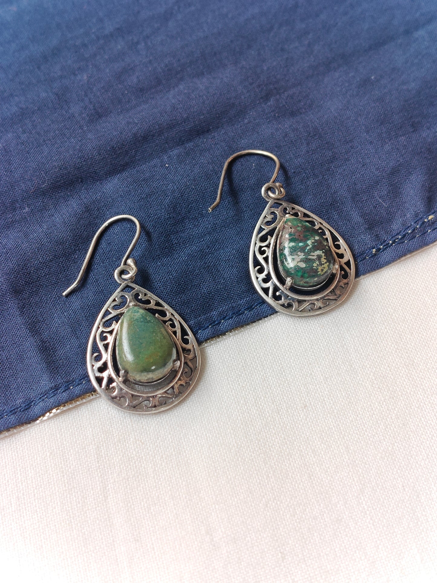 Green drop shaped hook earrings in 92.5 sterling silver