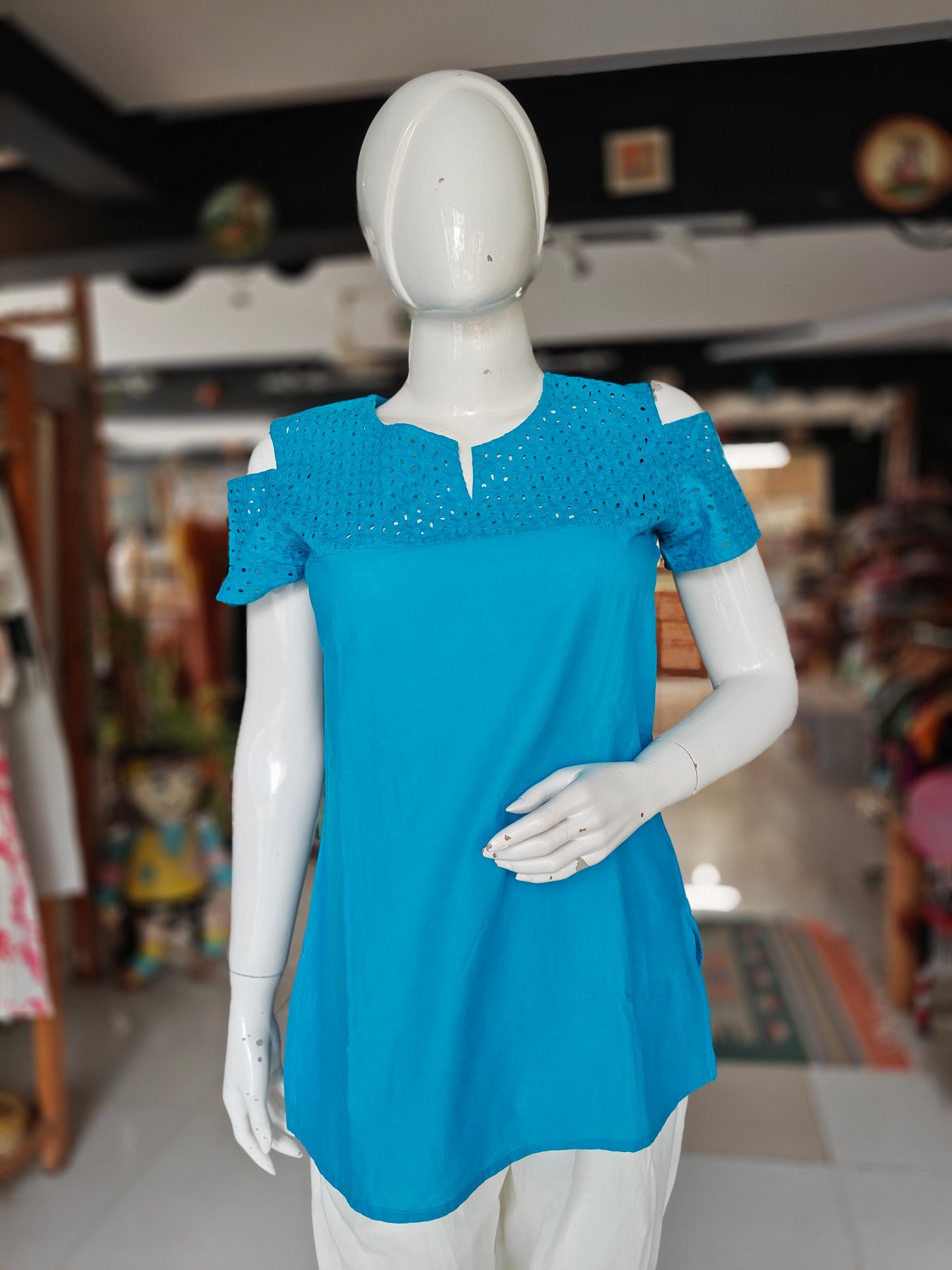 Sky blue cold shoulder cotton top