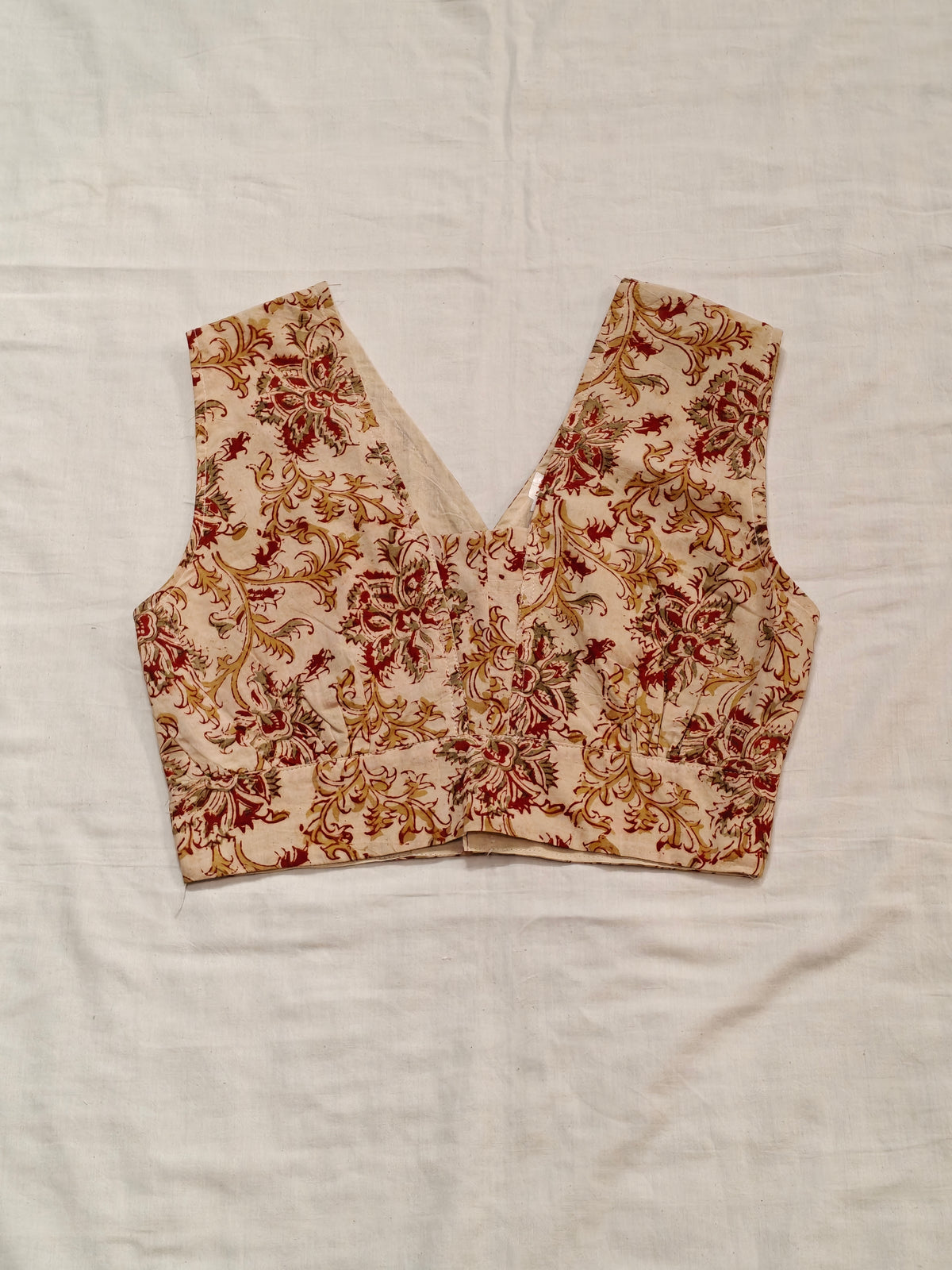 Cream and red floral hand block printed floral printed cotton blouse  - back open, sleeveless