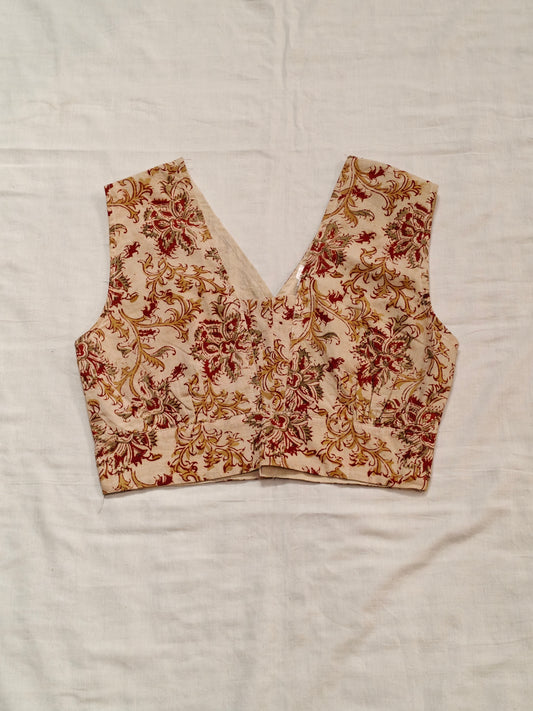 Cream and red floral hand block printed floral printed cotton blouse  - back open, sleeveless