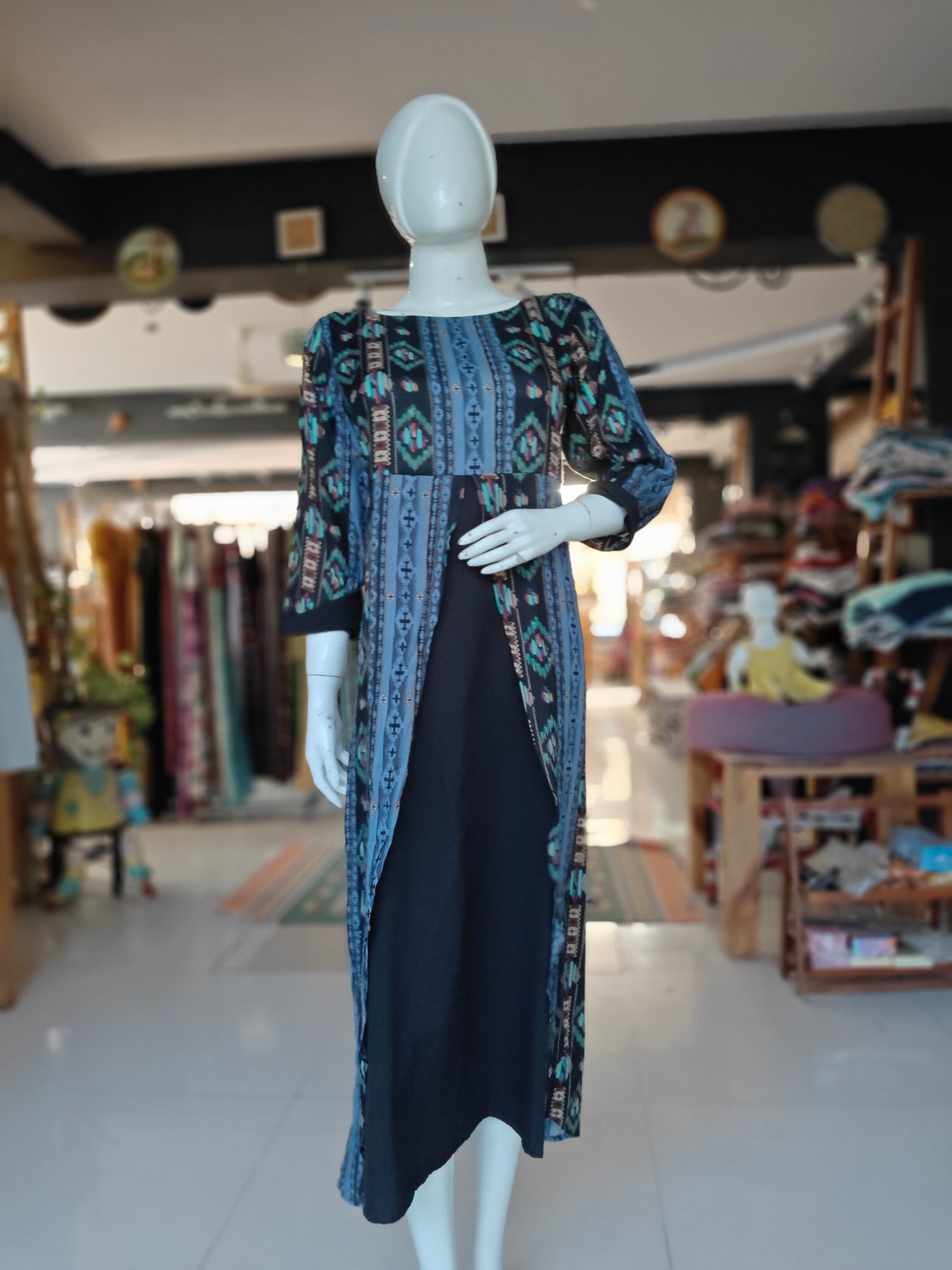 Navy blue with colorful prints layered rayon dress